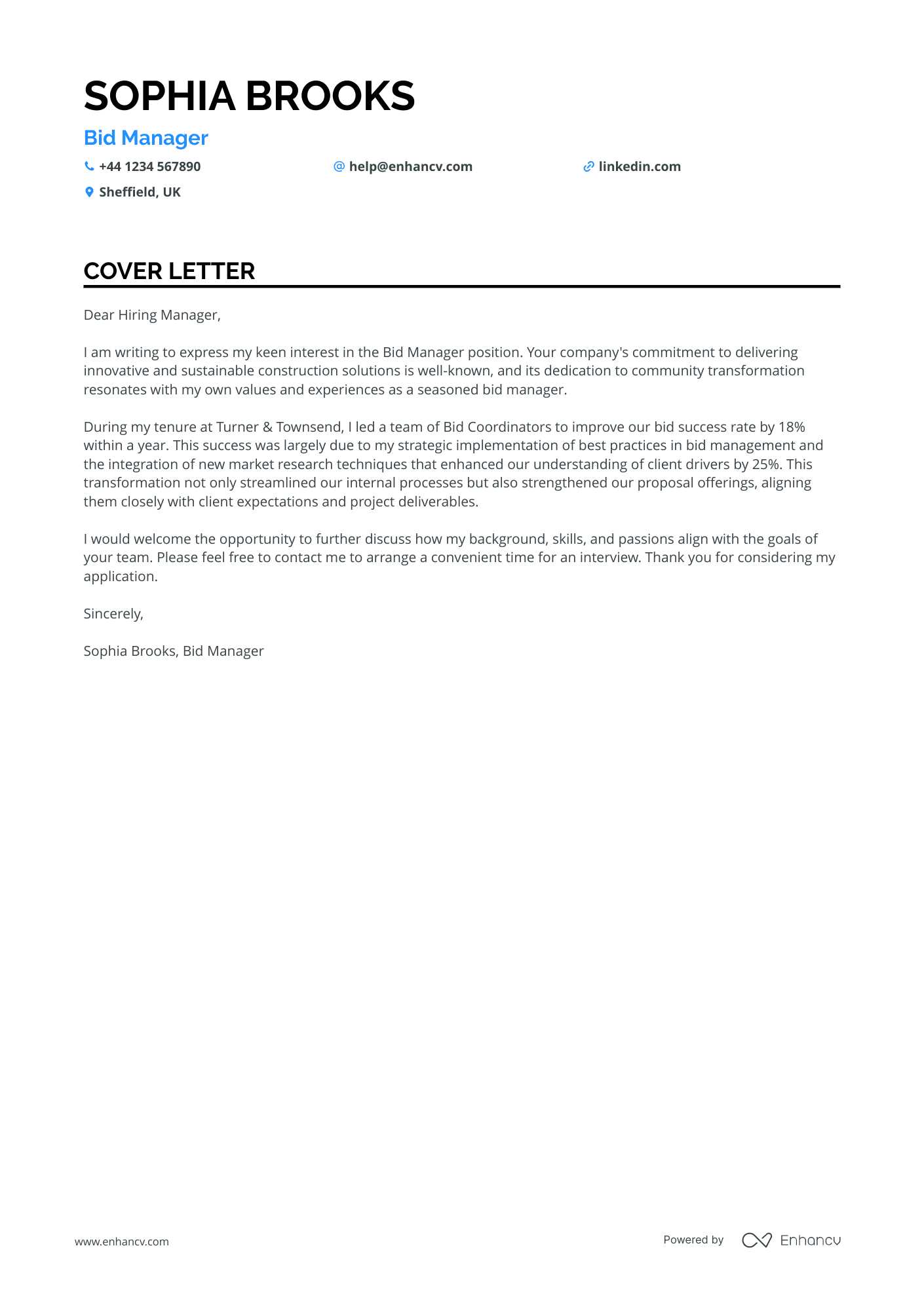 Bid Manager cover letter