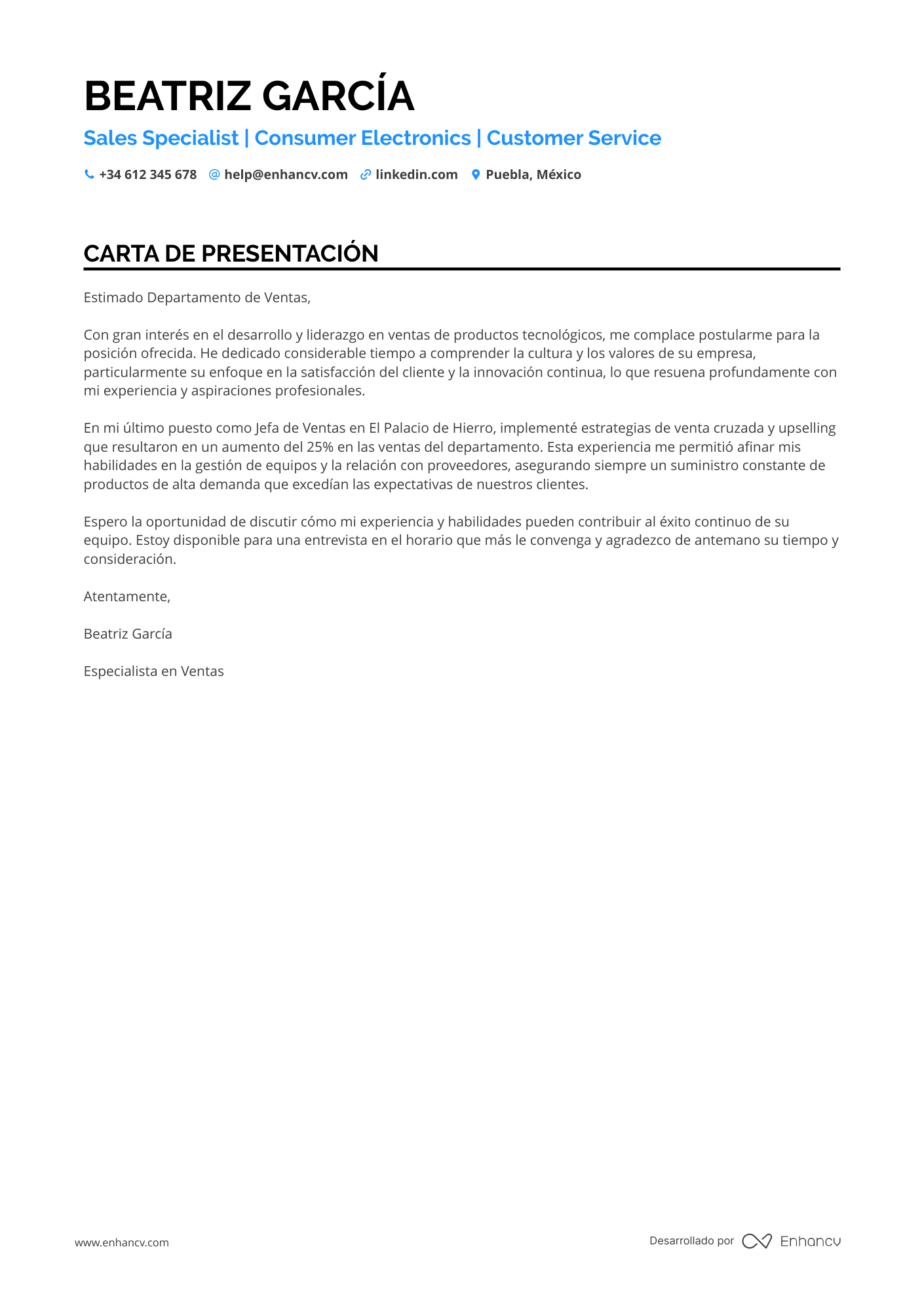 Vendedor Carta de presentación