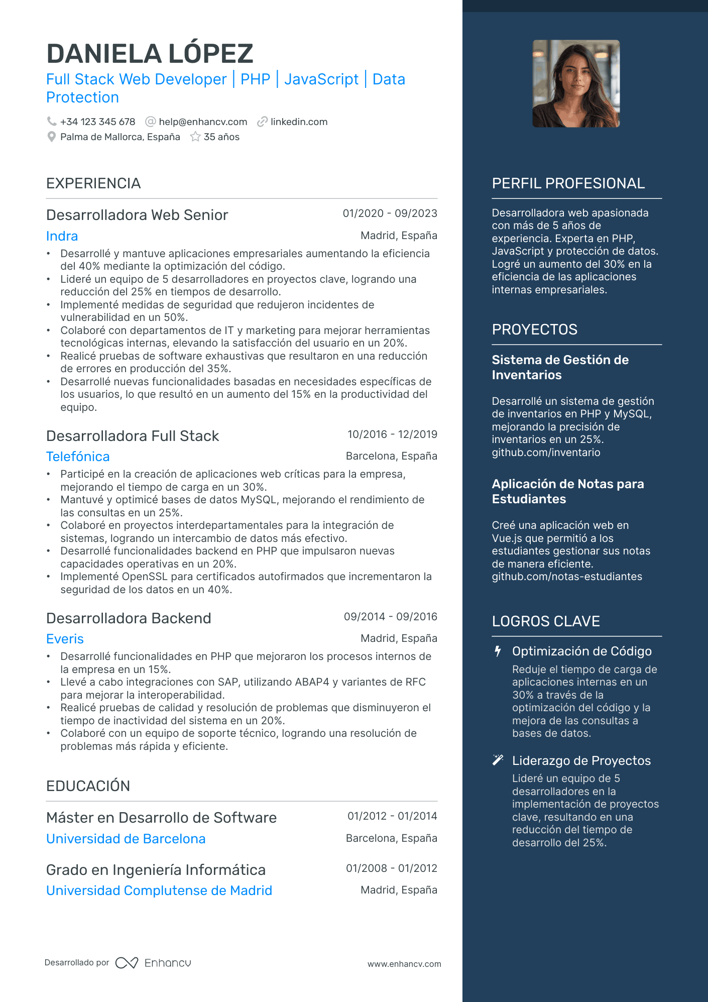 Desarrollador Web resume example