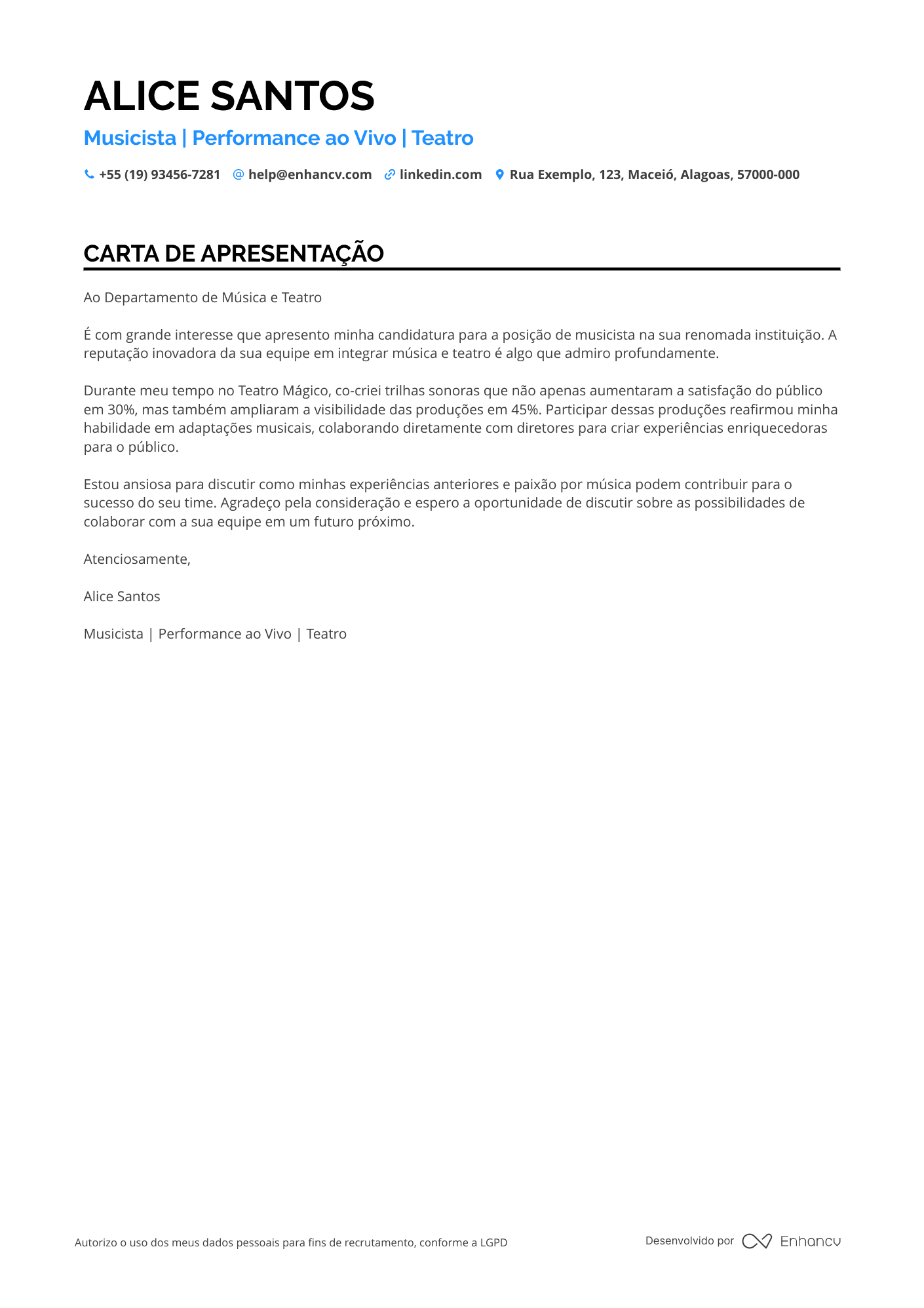 Músico Carta de apresentação