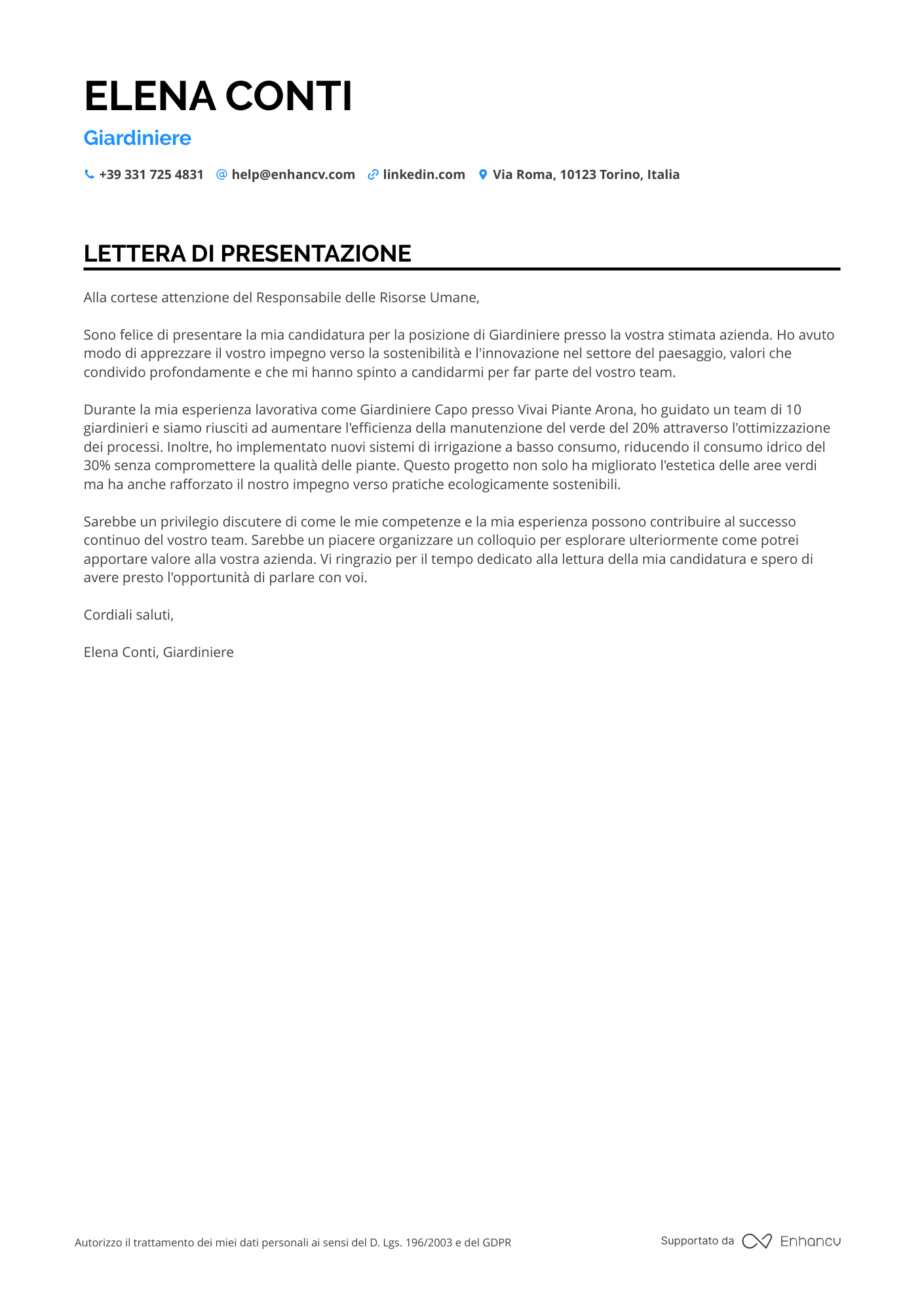 Giardiniere Lettera di presentazione