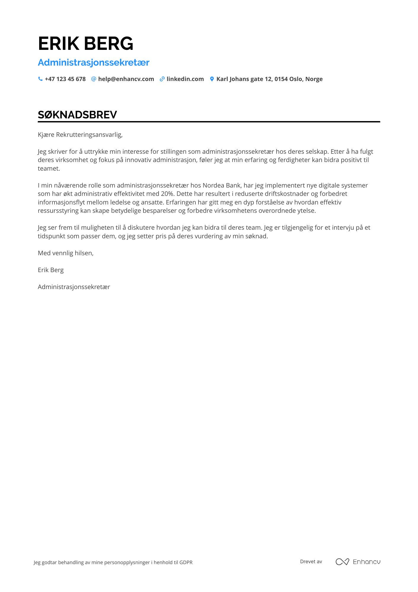 Administrasjonssekretær Søknadsbrev