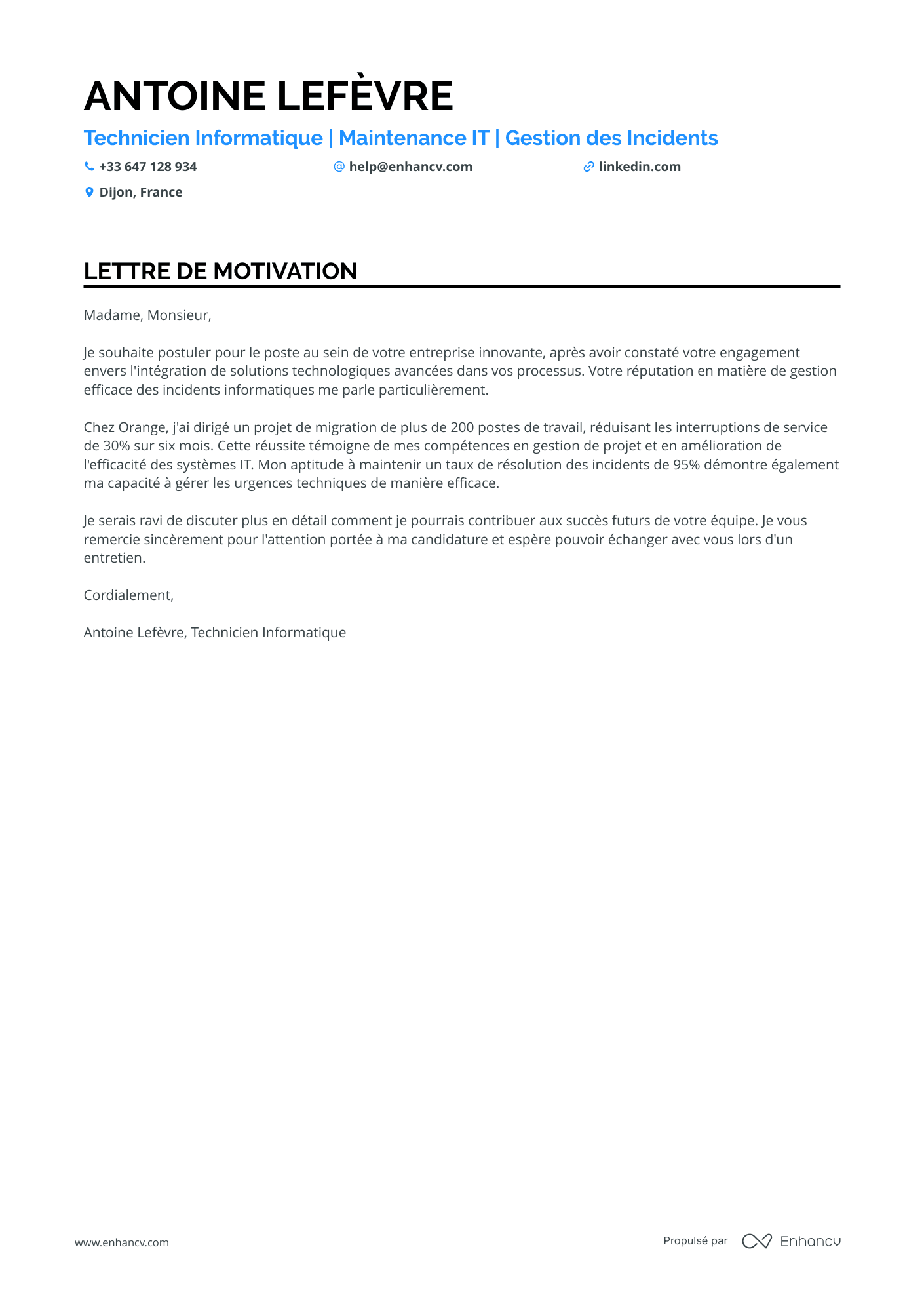 Technicien Support Informatique Lettre de motivation