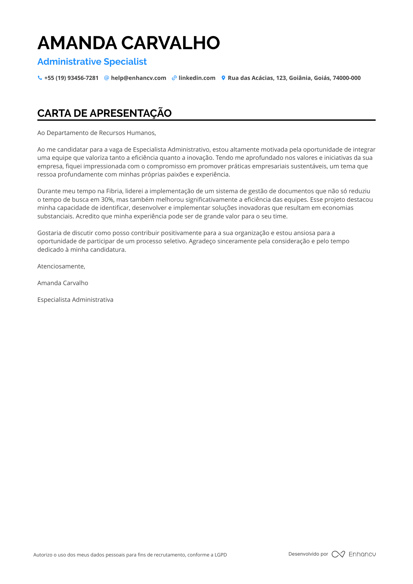 Auxiliar Administrativo Carta de apresentação