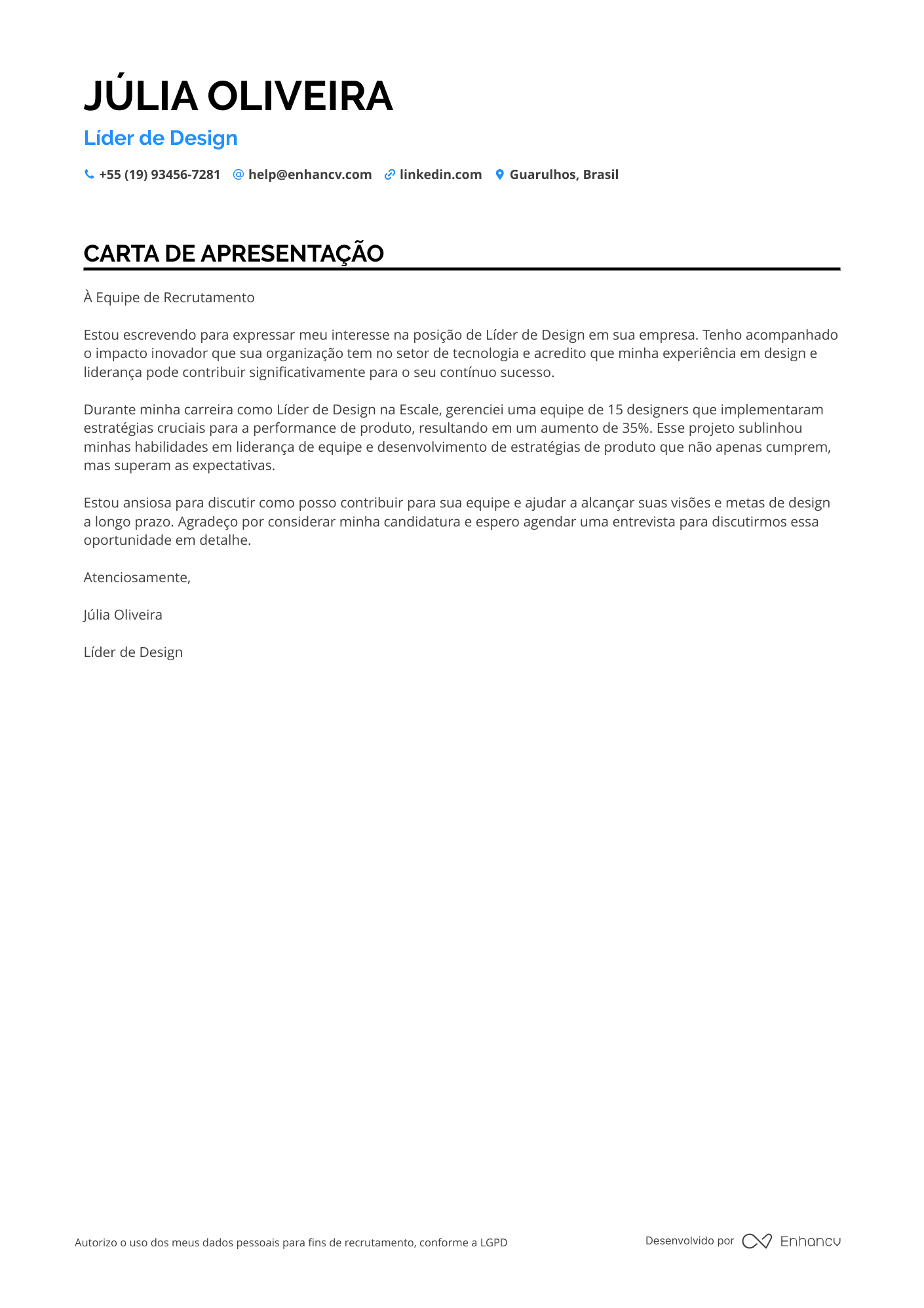 Gerente de Projetos Carta de apresentação