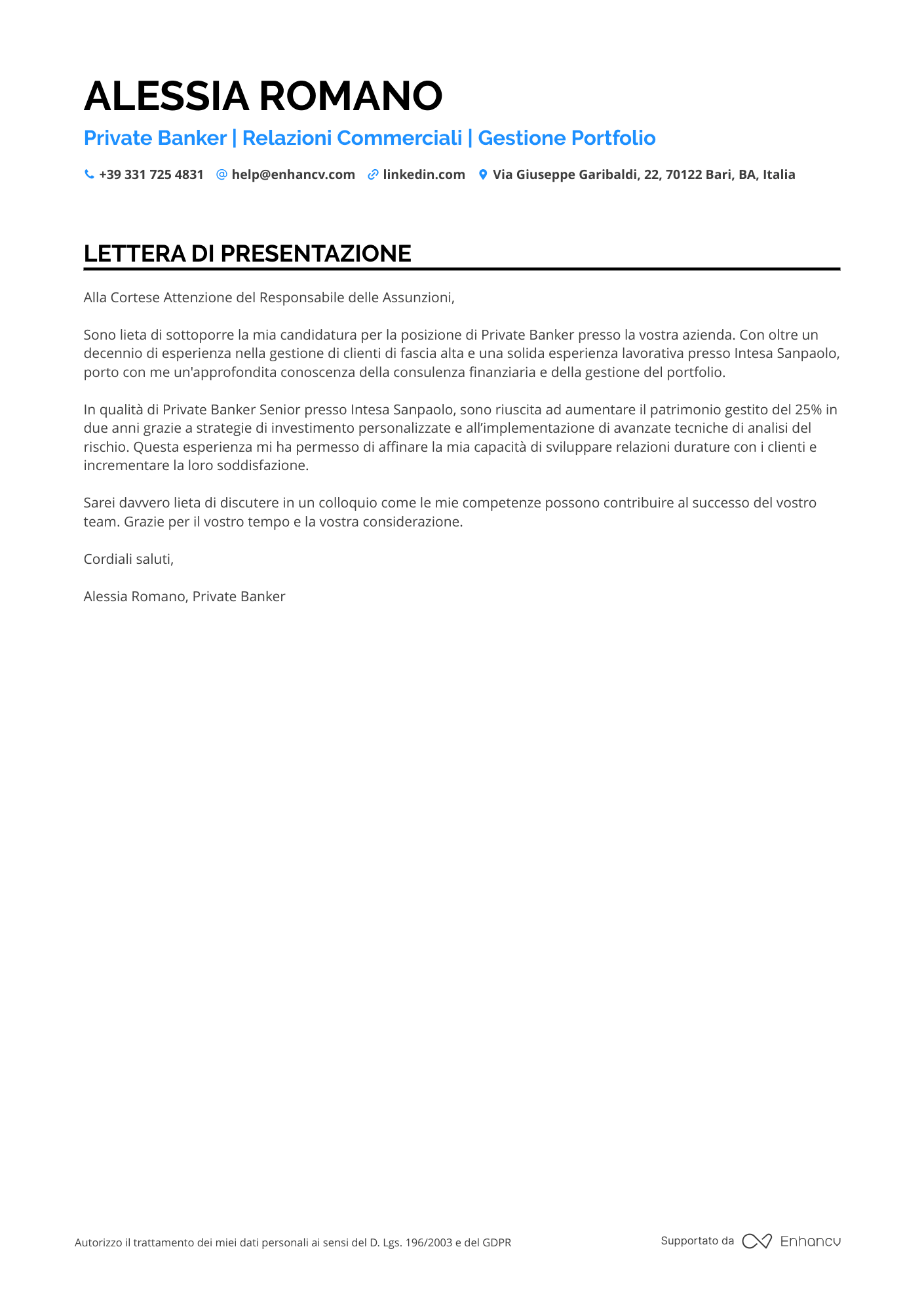 Banca Lettera di presentazione