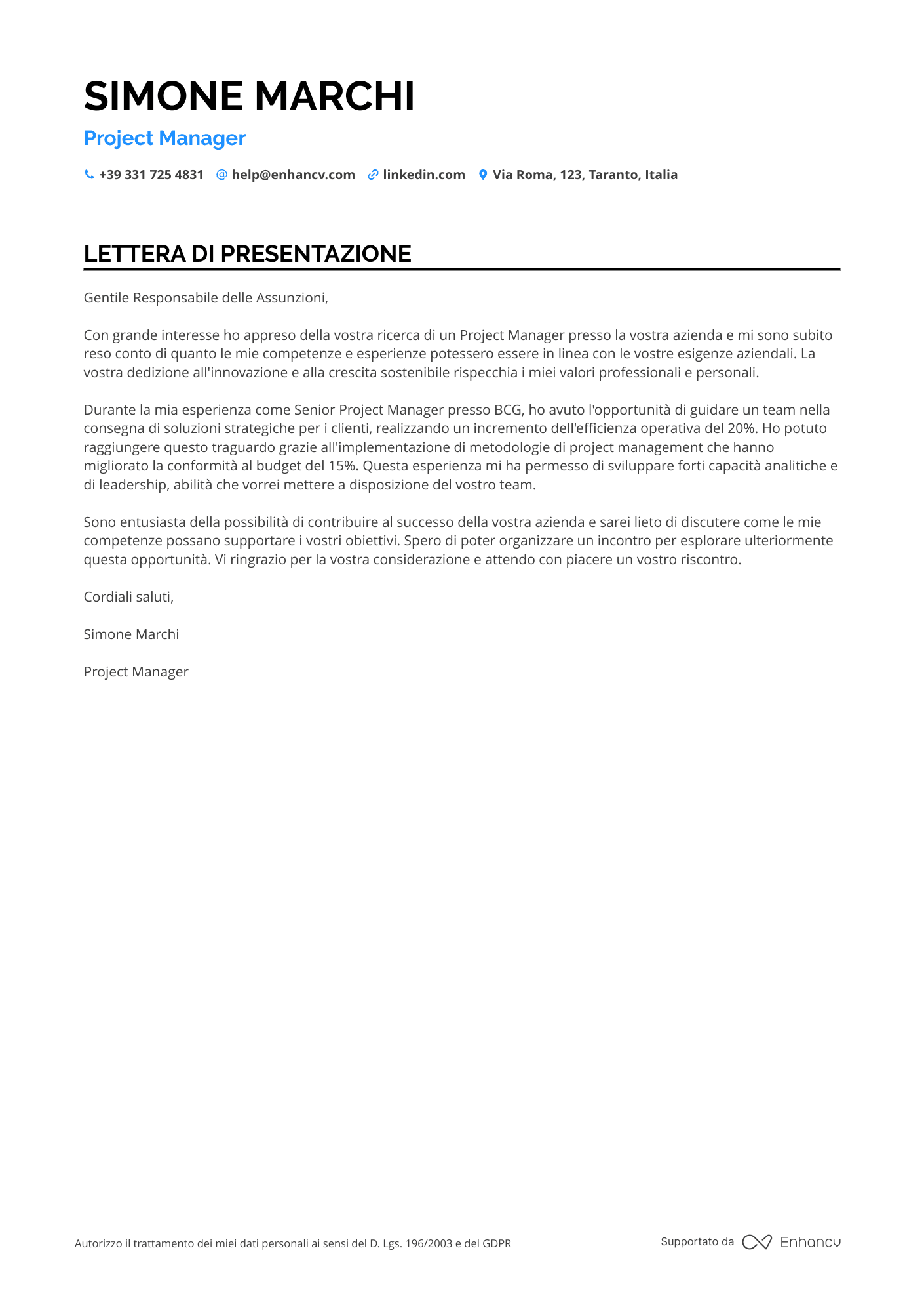 Project Manager Lettera di presentazione