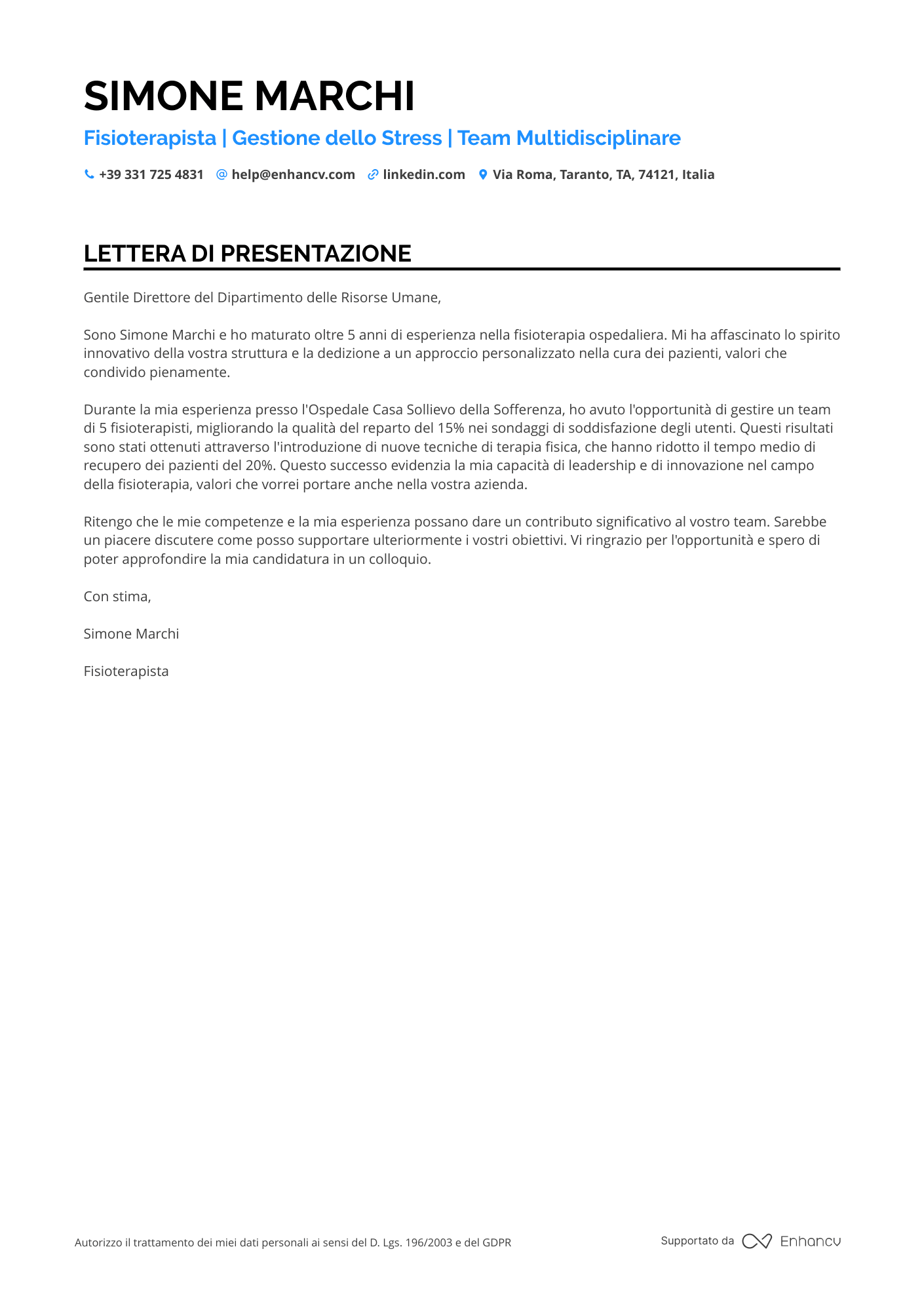 Fisioterapista Lettera di presentazione