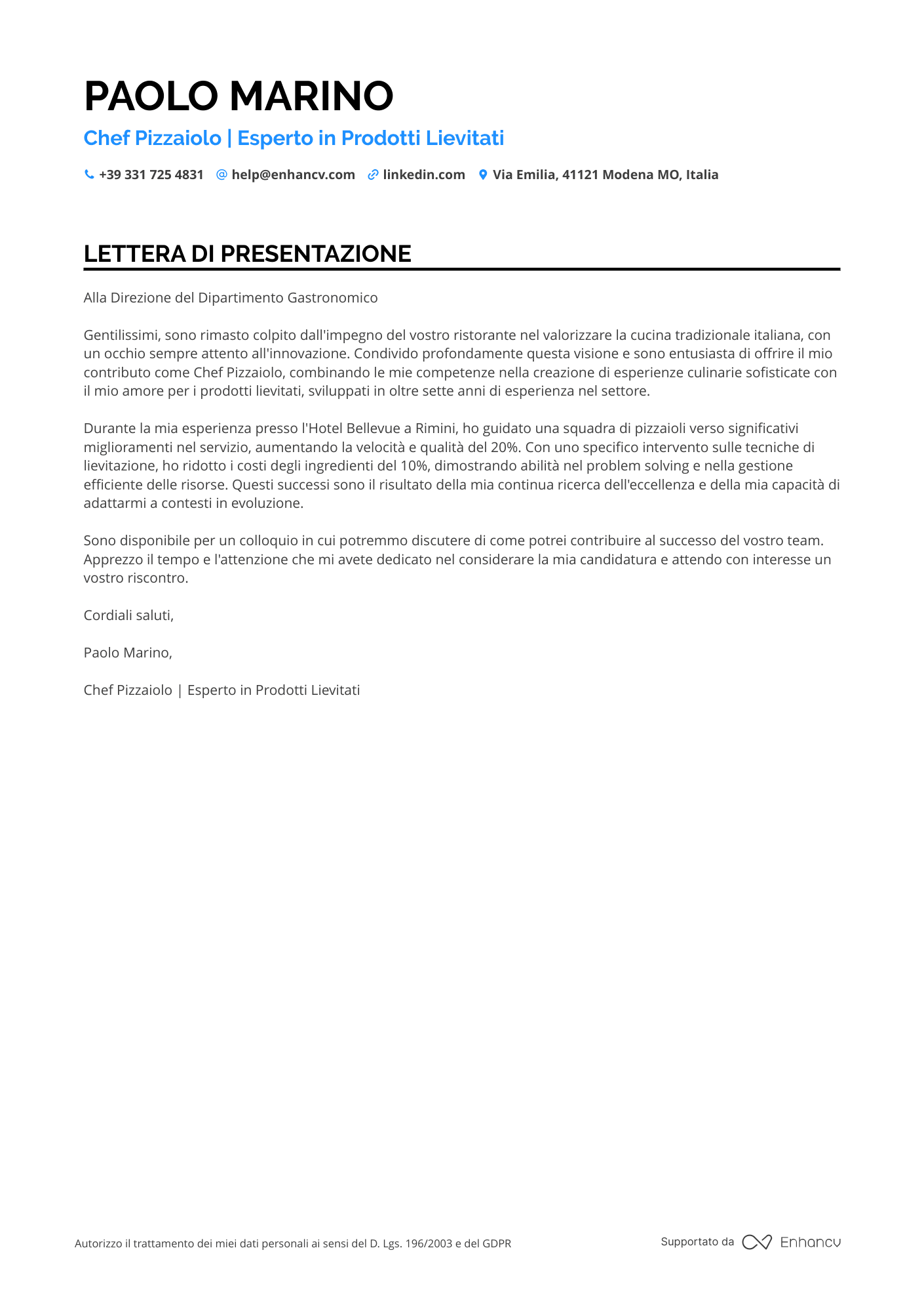 Pizzaiolo Lettera di presentazione