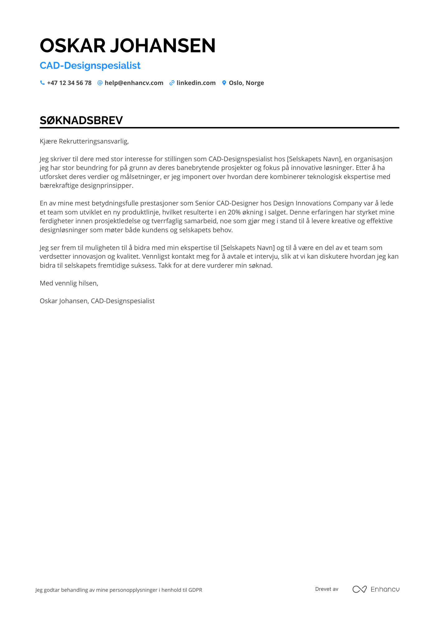 CAD designspesialist Søknadsbrev