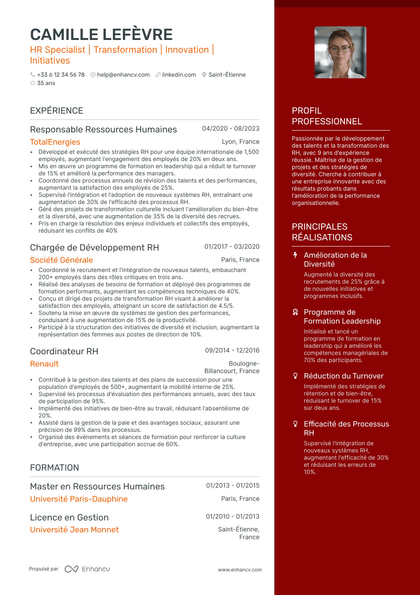 Chef de projet RH resume example