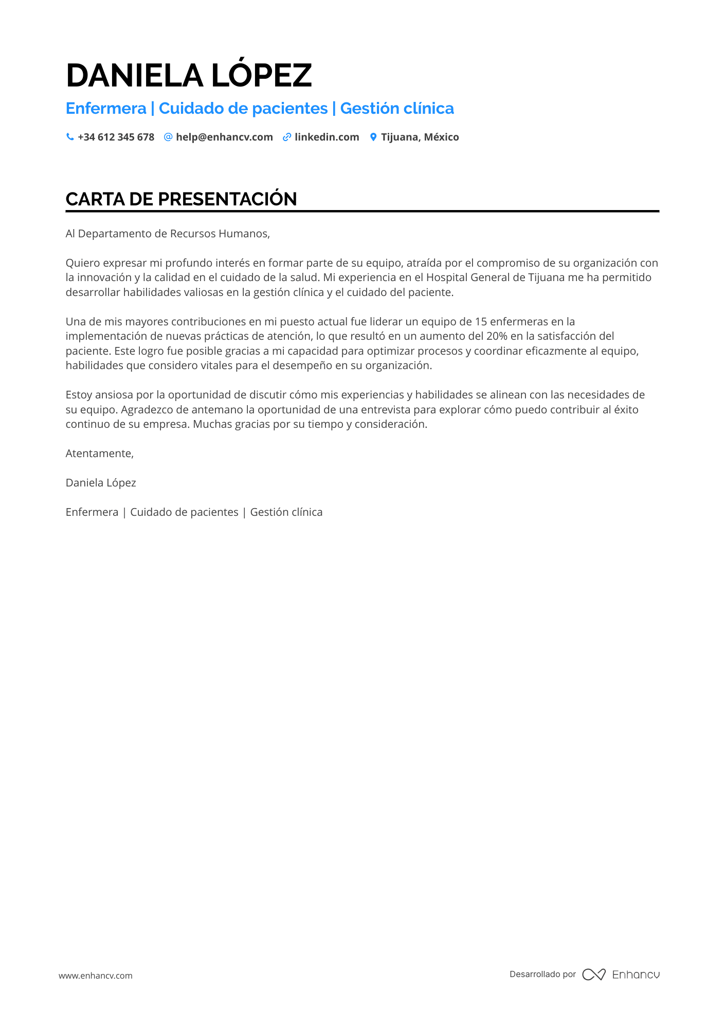 Enfermera Carta de presentación