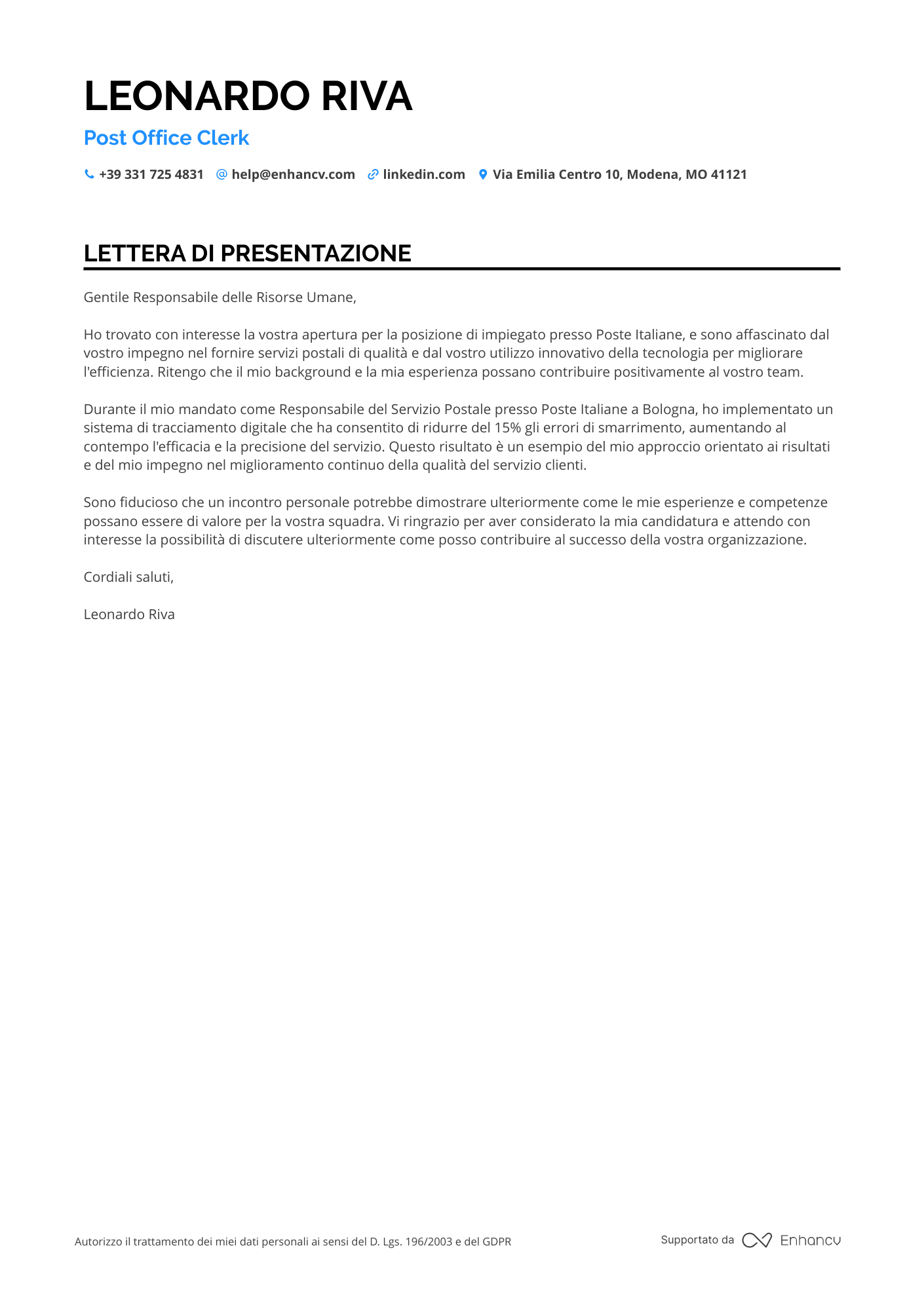 Poste Italiane Lettera di presentazione