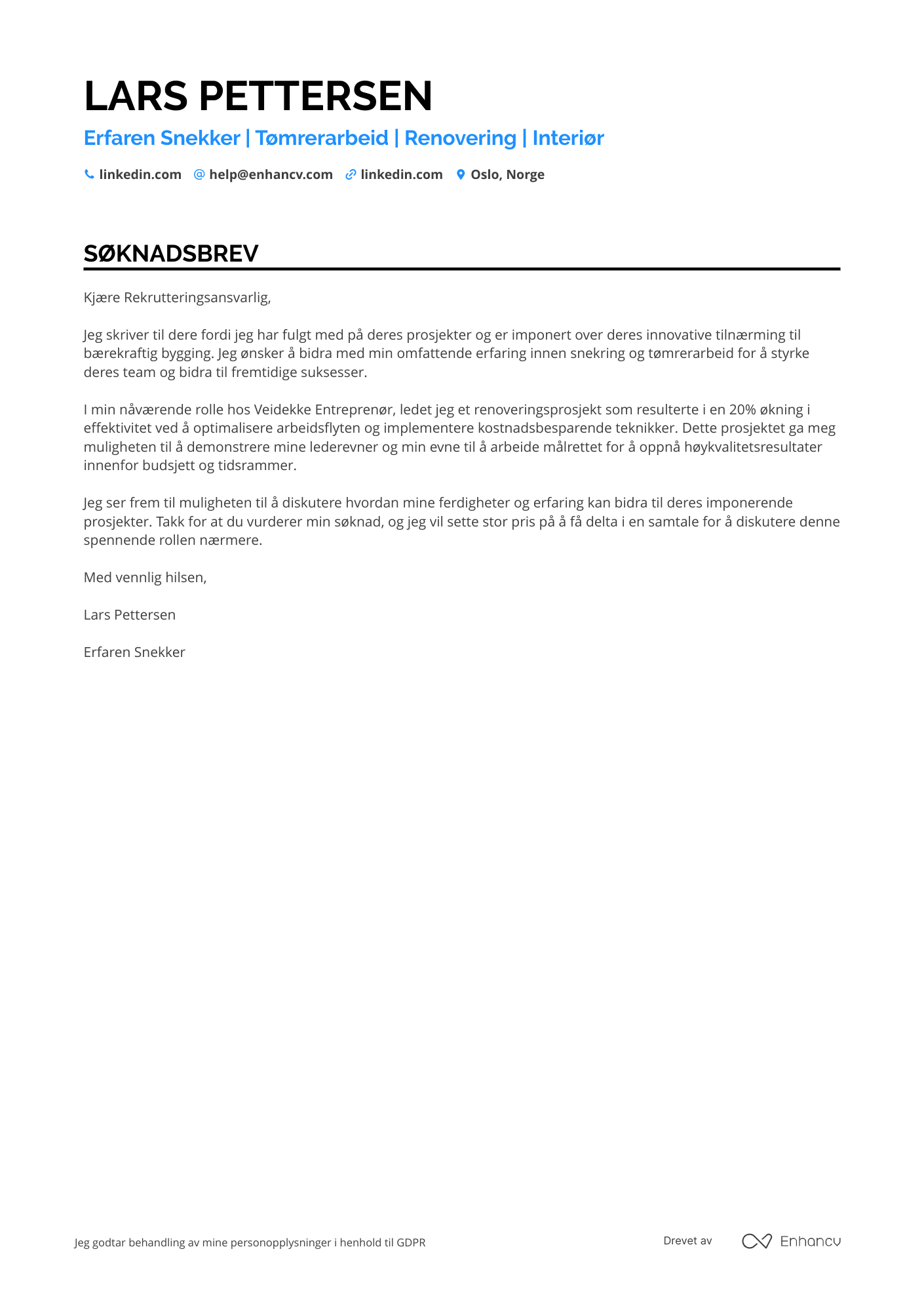 Snekker Søknadsbrev