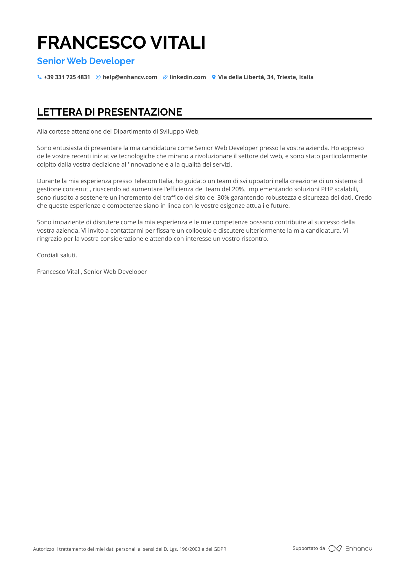 Sviluppatore Web Lettera di presentazione