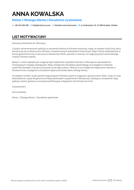 Kelner List motywacyjny
