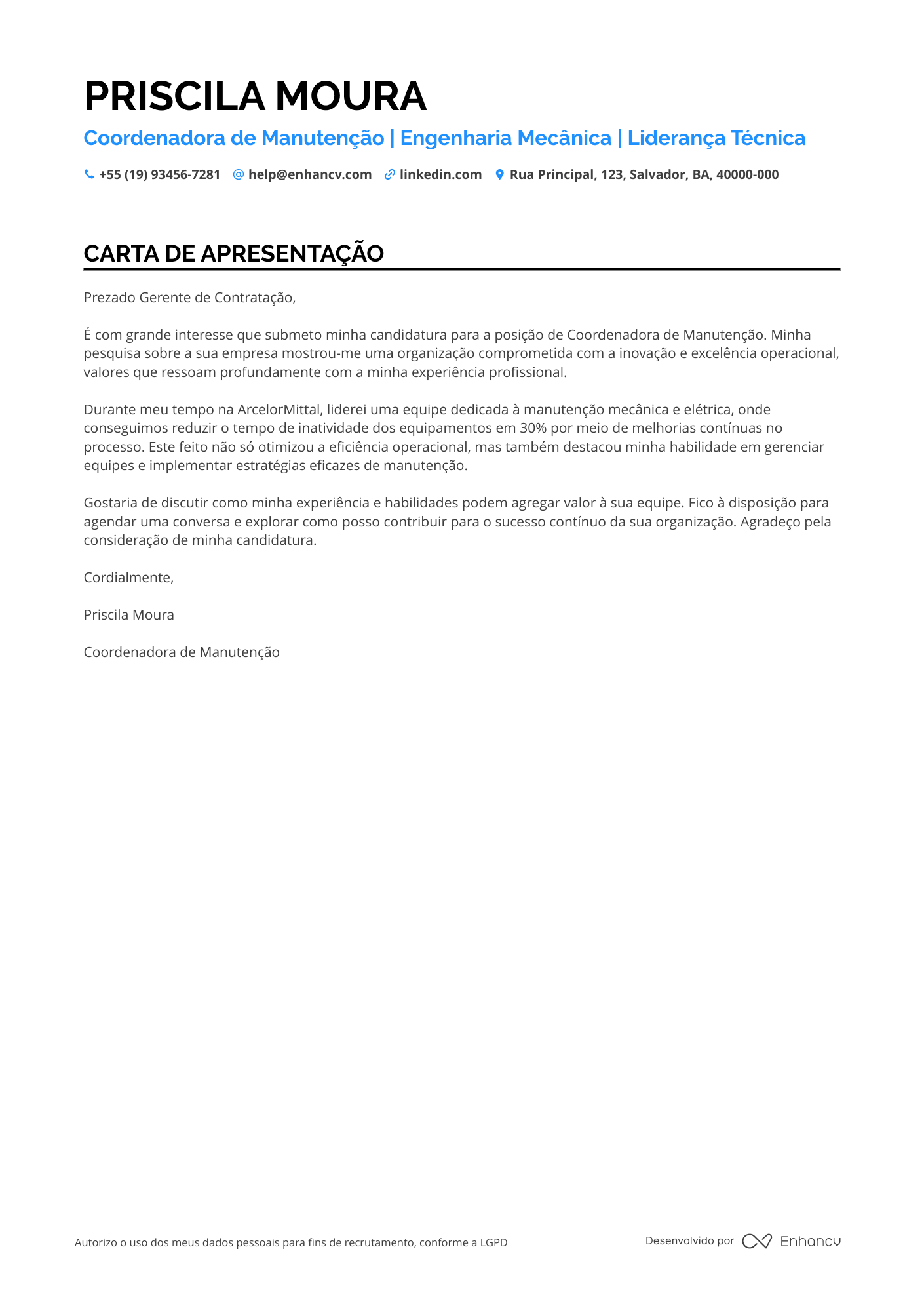 Engenheiro Mecânico Carta de apresentação