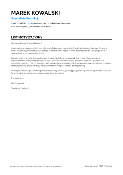 Pracownik Produkcji List motywacyjny