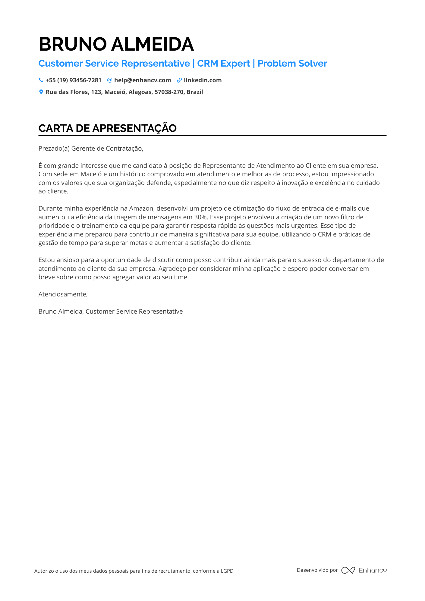 Atendimento ao Cliente Carta de apresentação