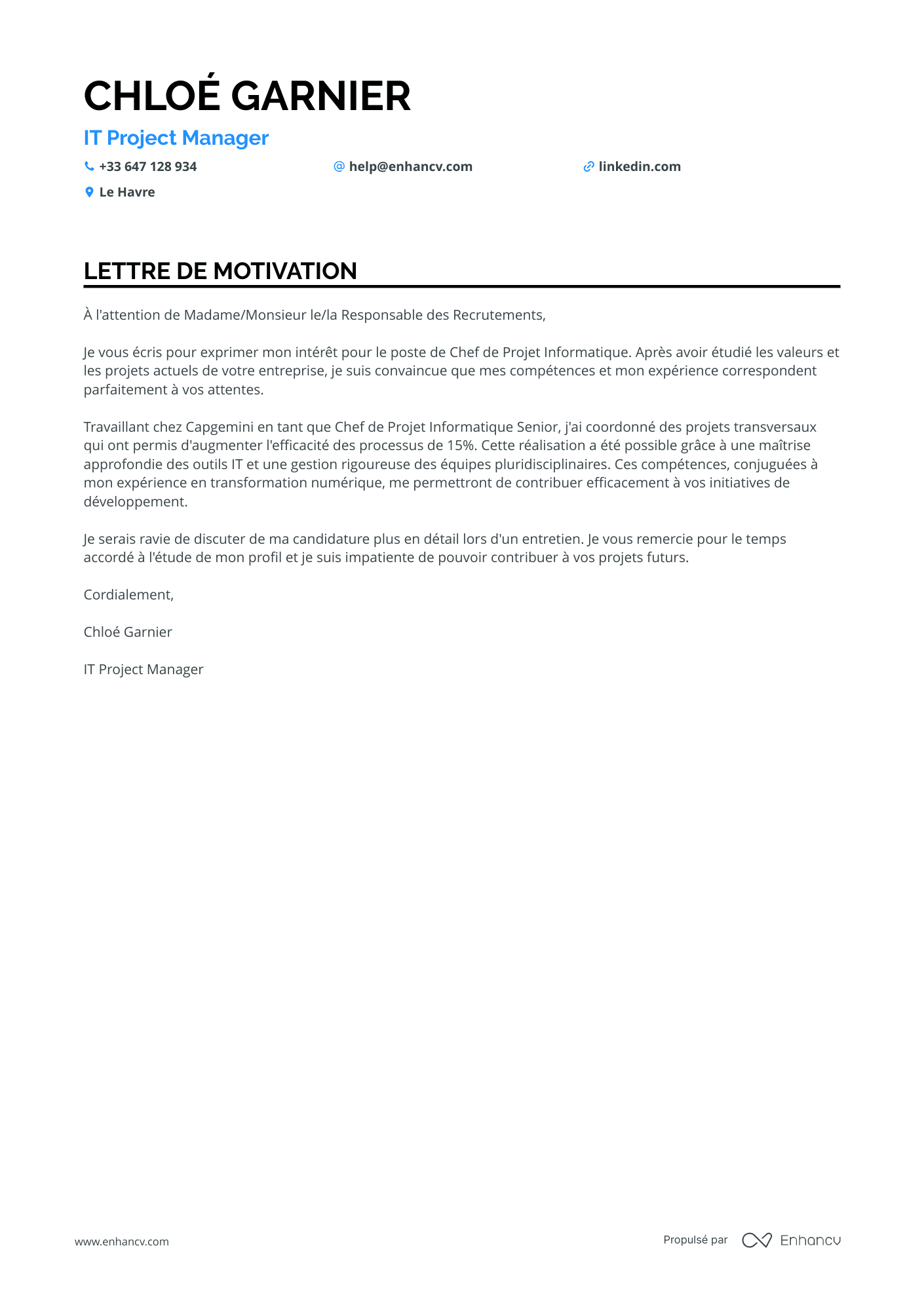 Chef de Projet Lettre de motivation