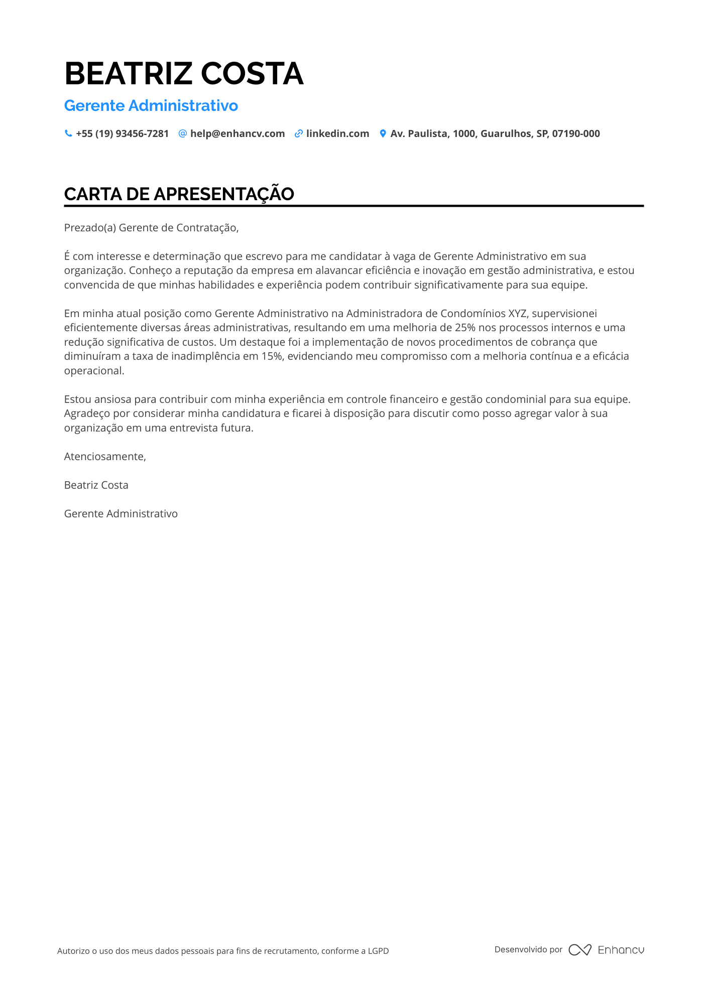 Gerente Carta de apresentação