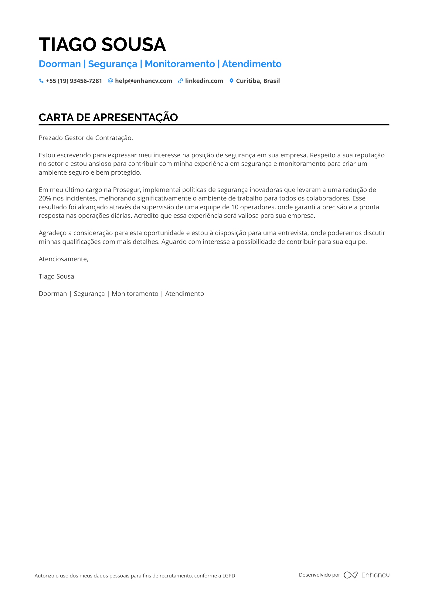 Porteiro Carta de apresentação