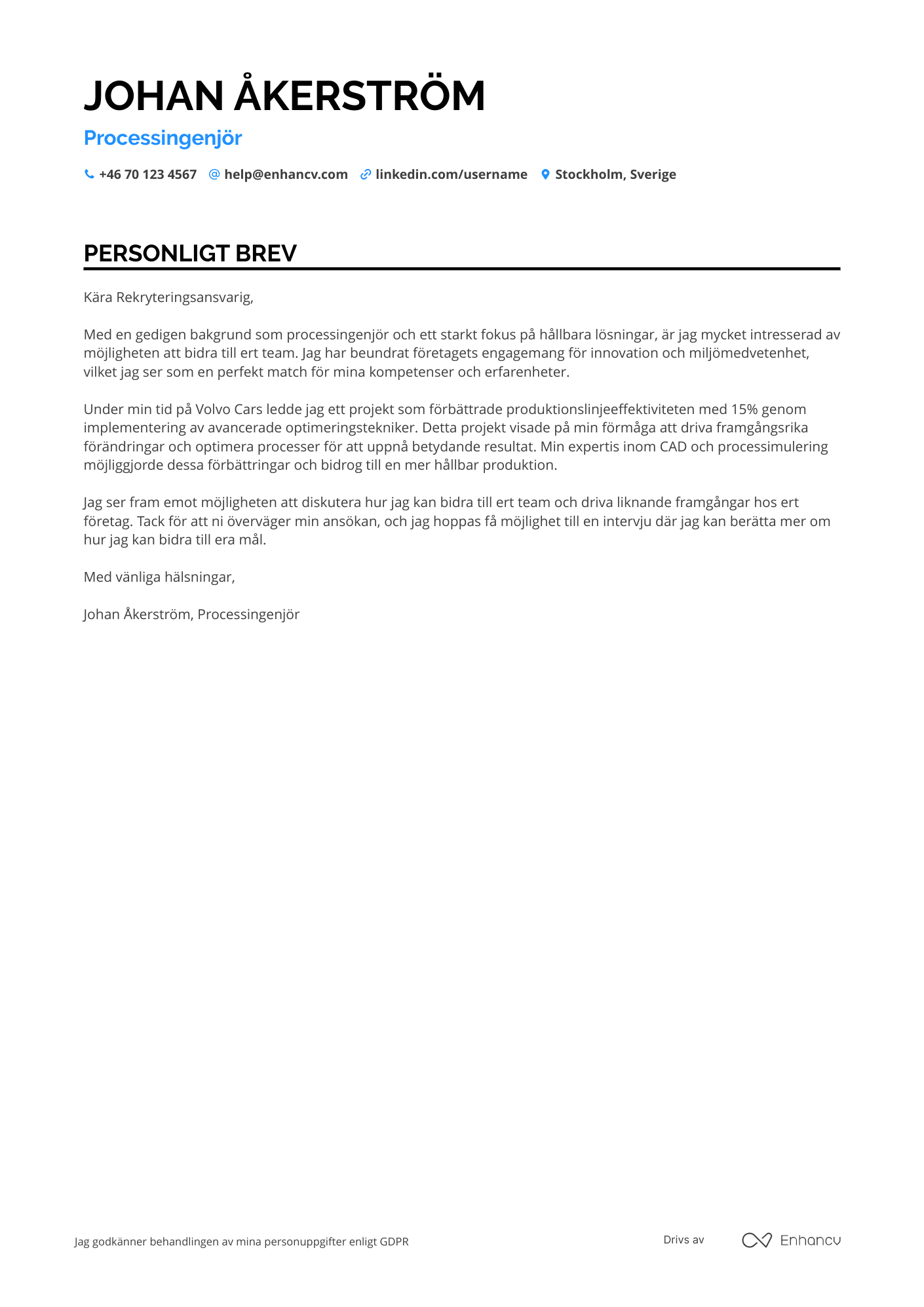 Processingenjör Ansökningsbrev