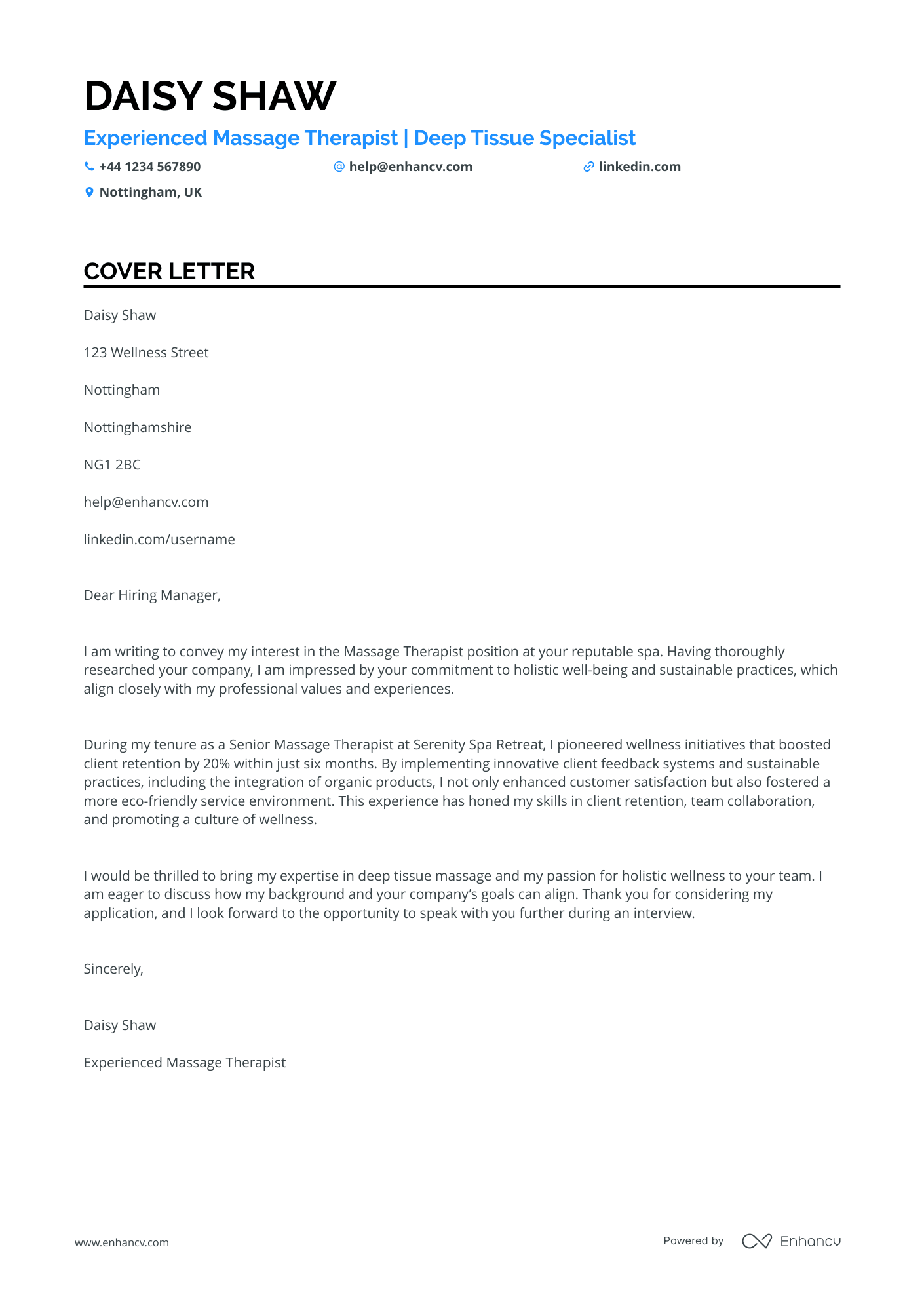 Massage Therapist cover letter