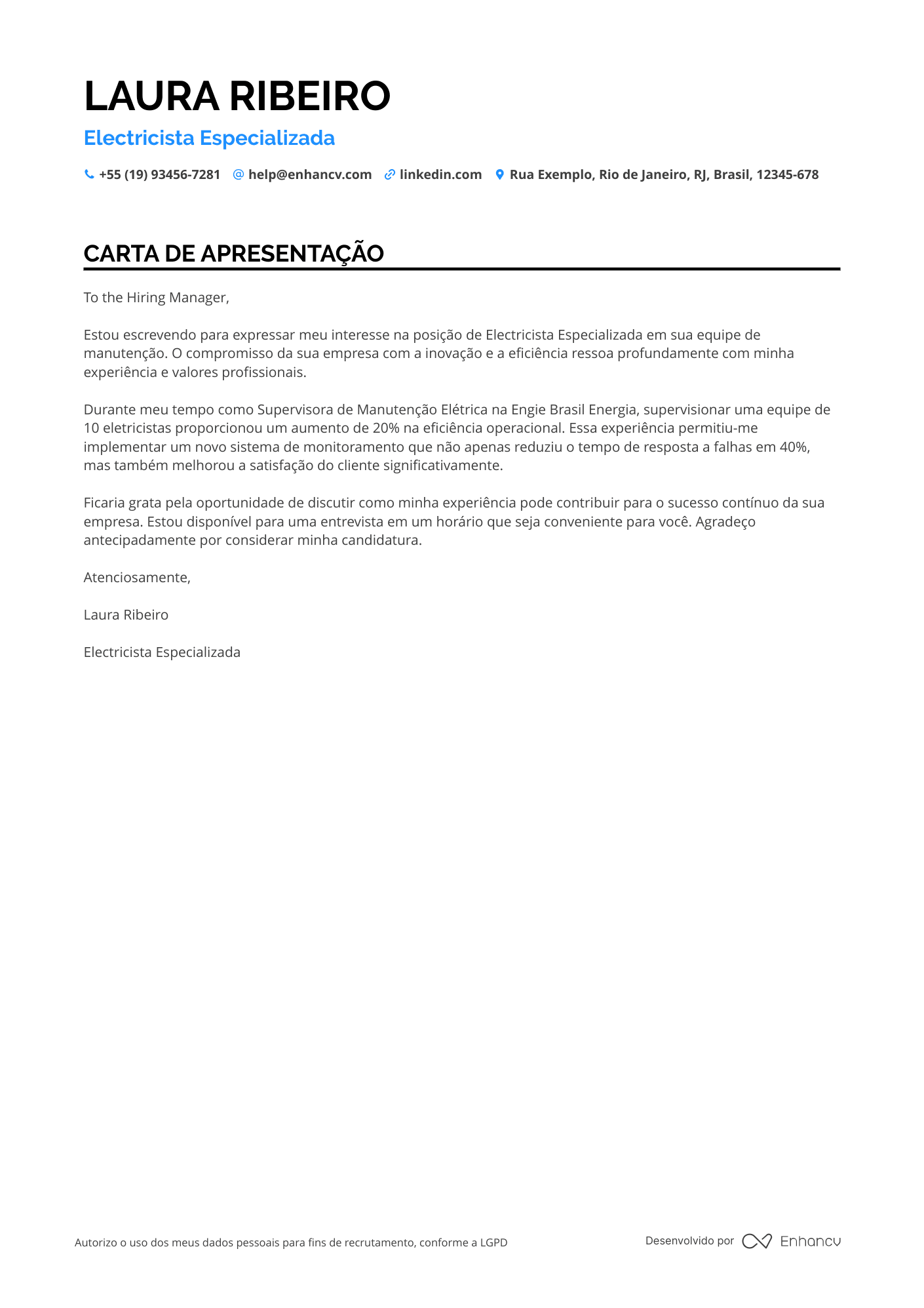 Eletricista Carta de apresentação