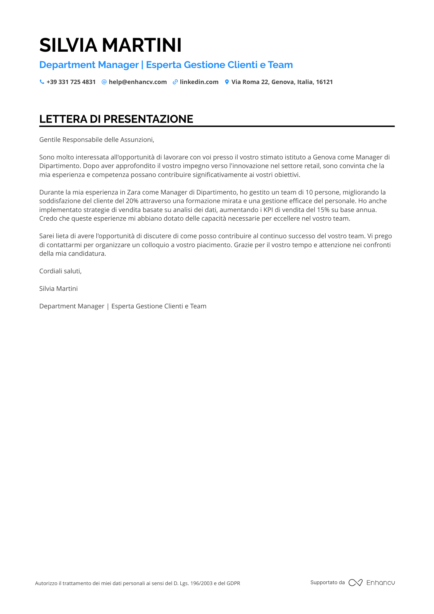 Zara Lettera di presentazione
