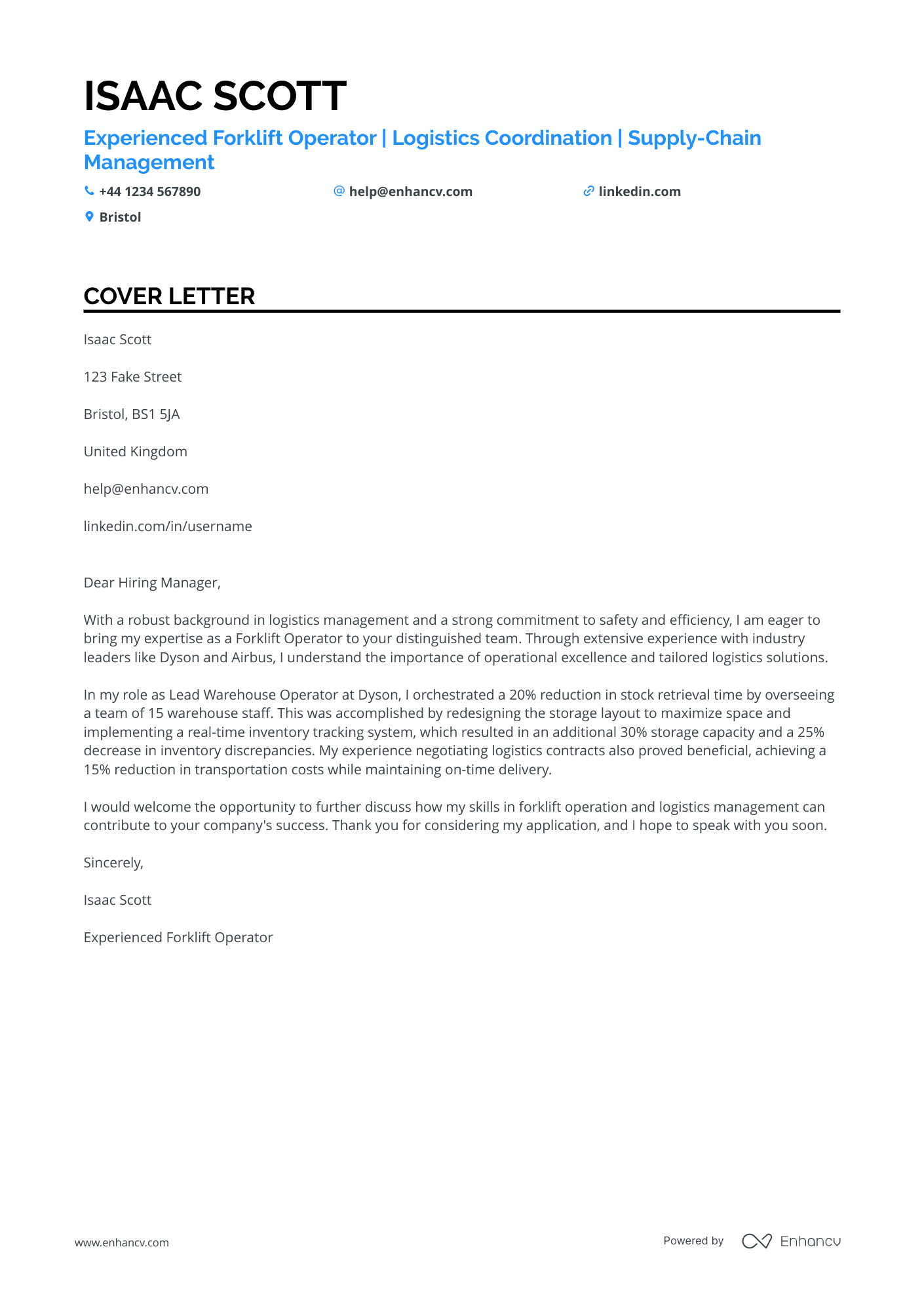 Forklift Operator cover letter