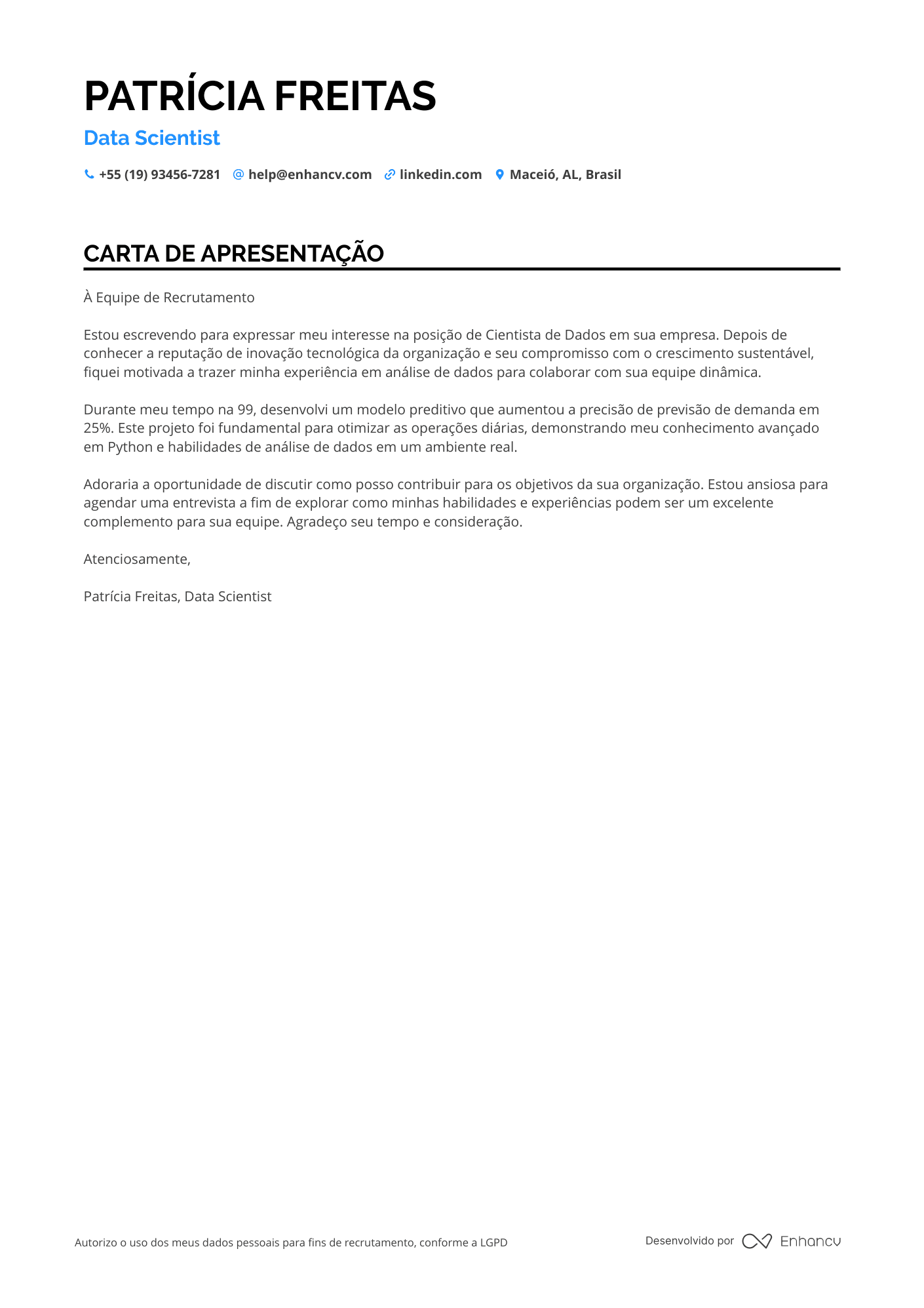 Analista de Dados Carta de apresentação
