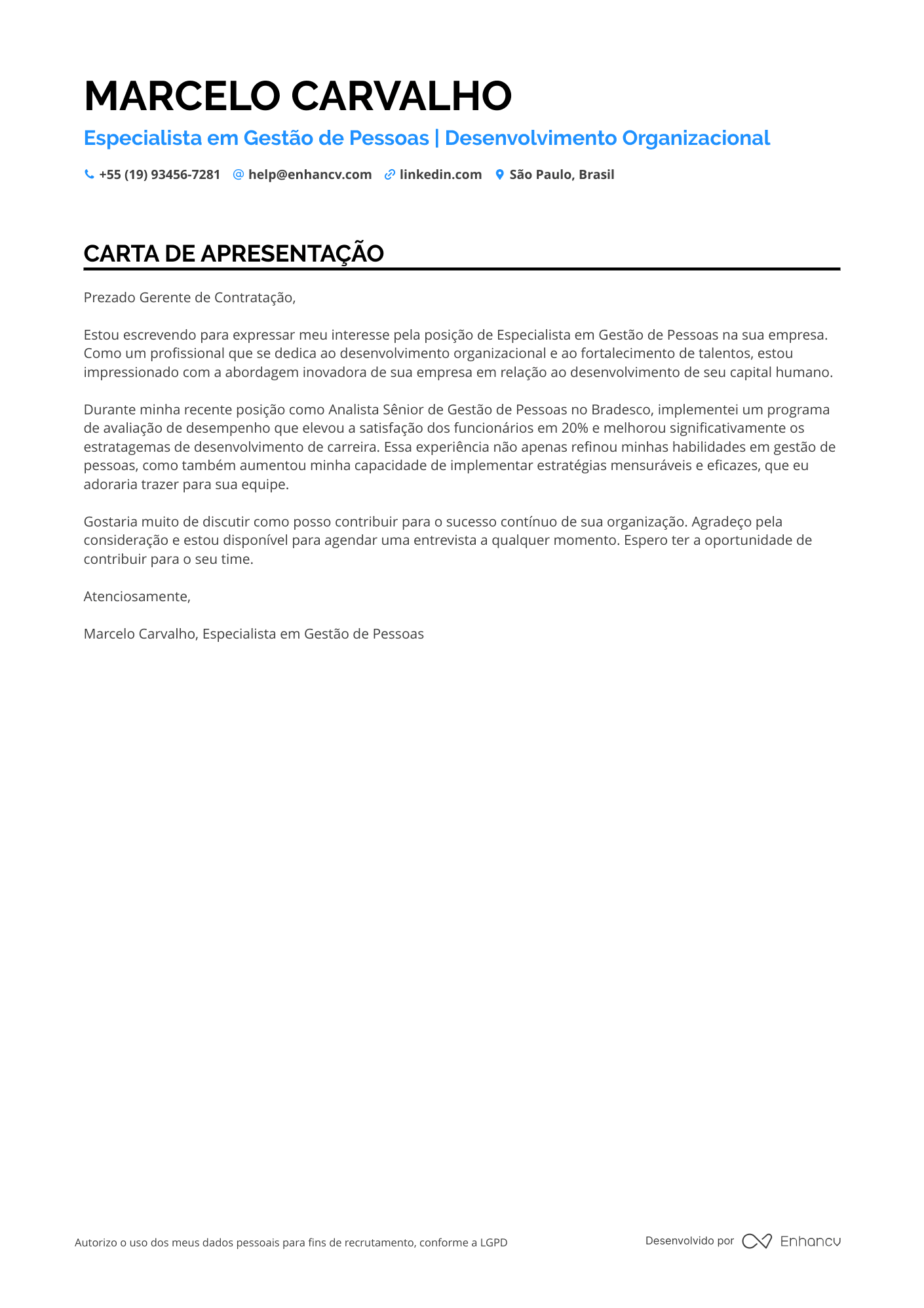Analista de RH Carta de apresentação