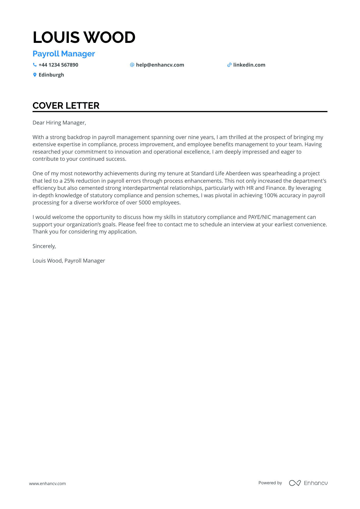 Payroll Manager cover letter