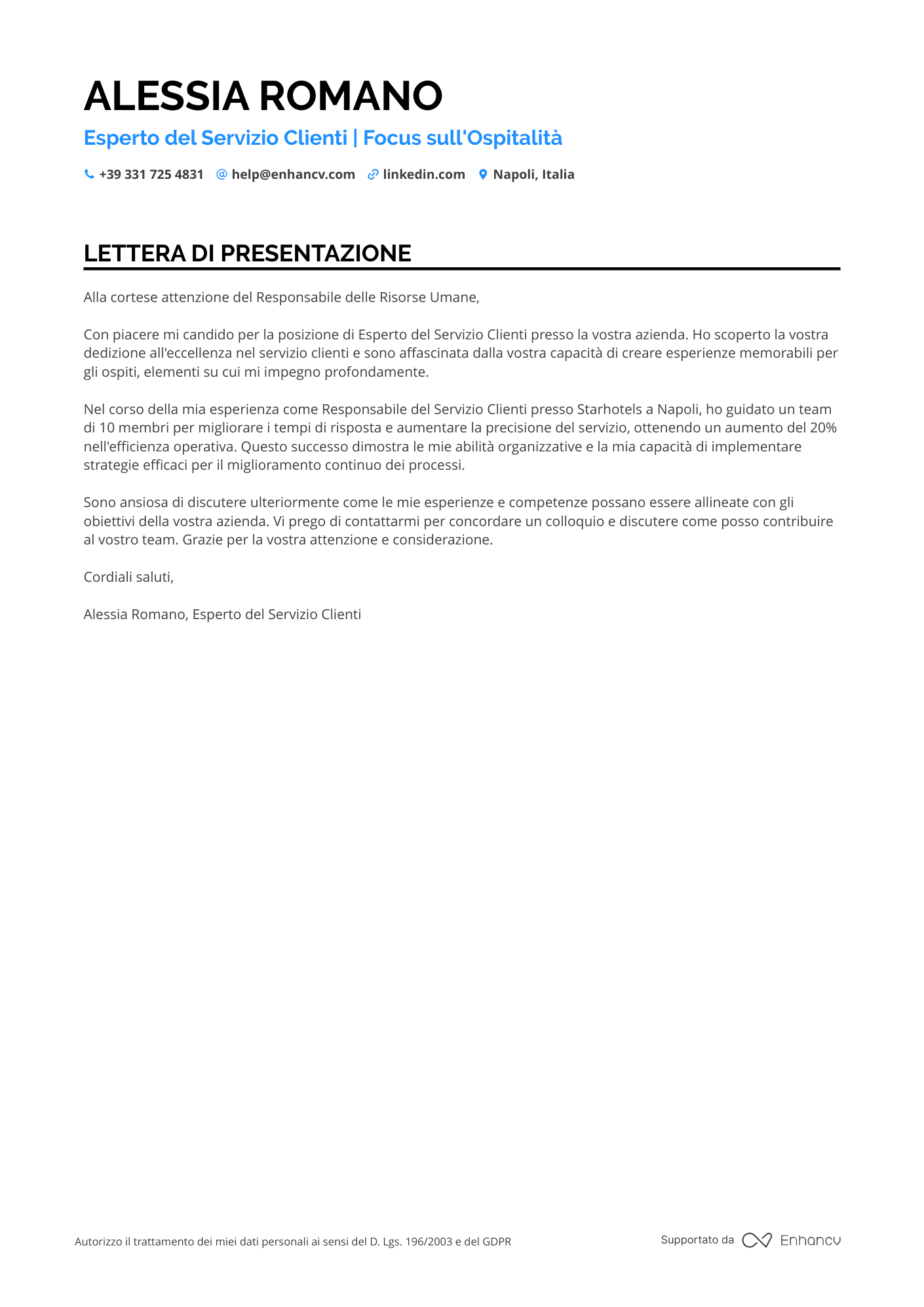 Cameriere Senior Resume Example