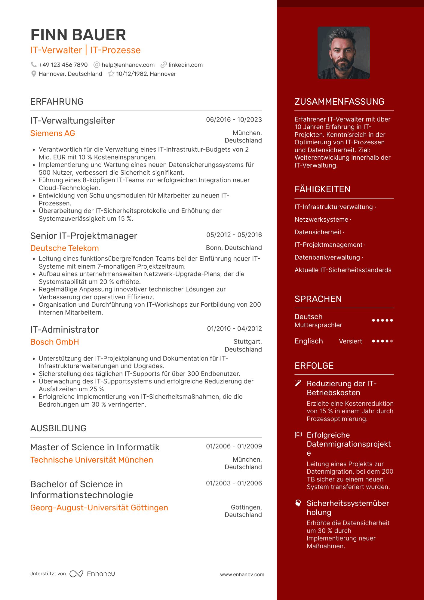 Lebenslauf als Akademiker in der IT Verwaltung Resume Example