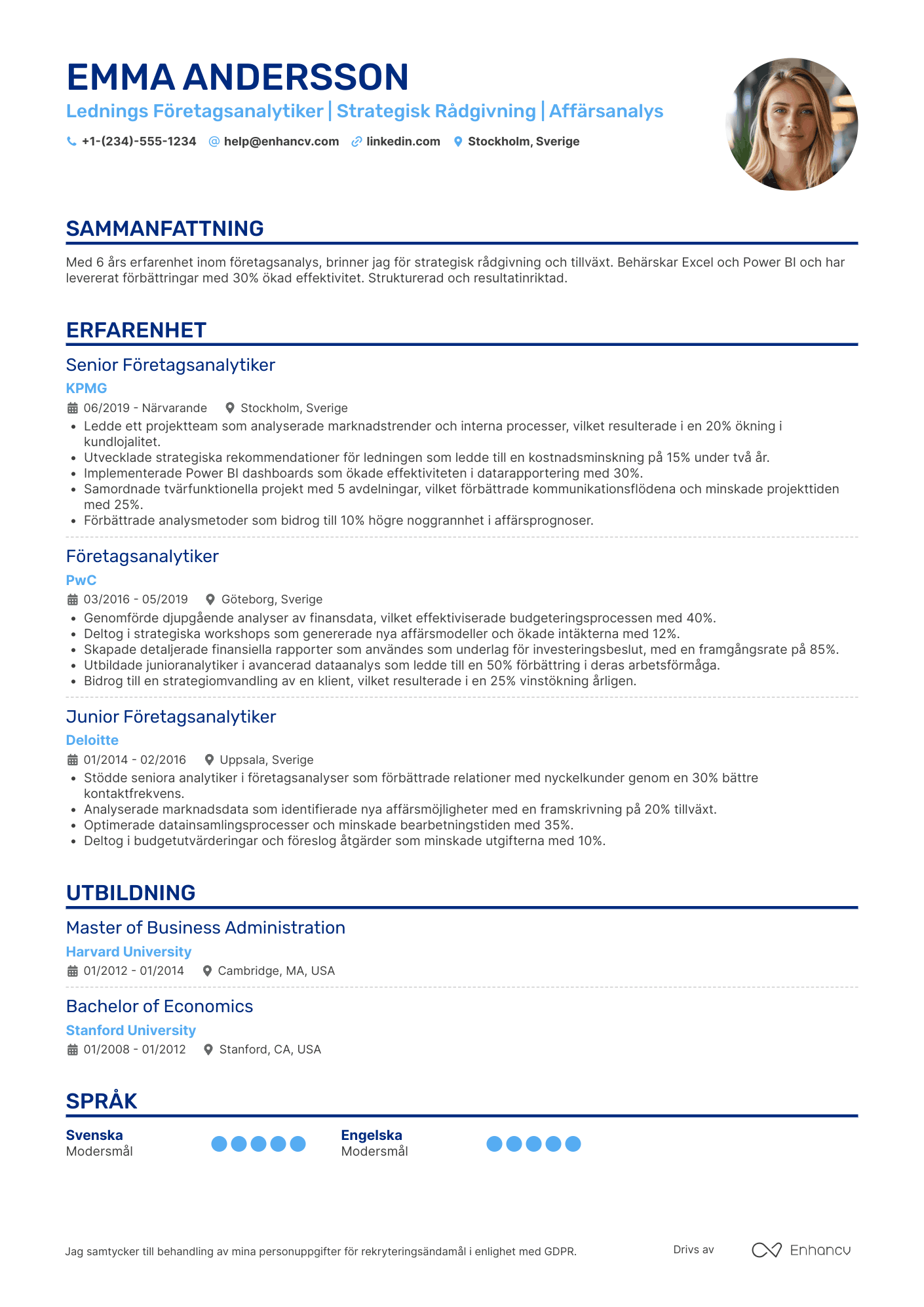 CV för Lednings Företagsanalytiker Resume Example