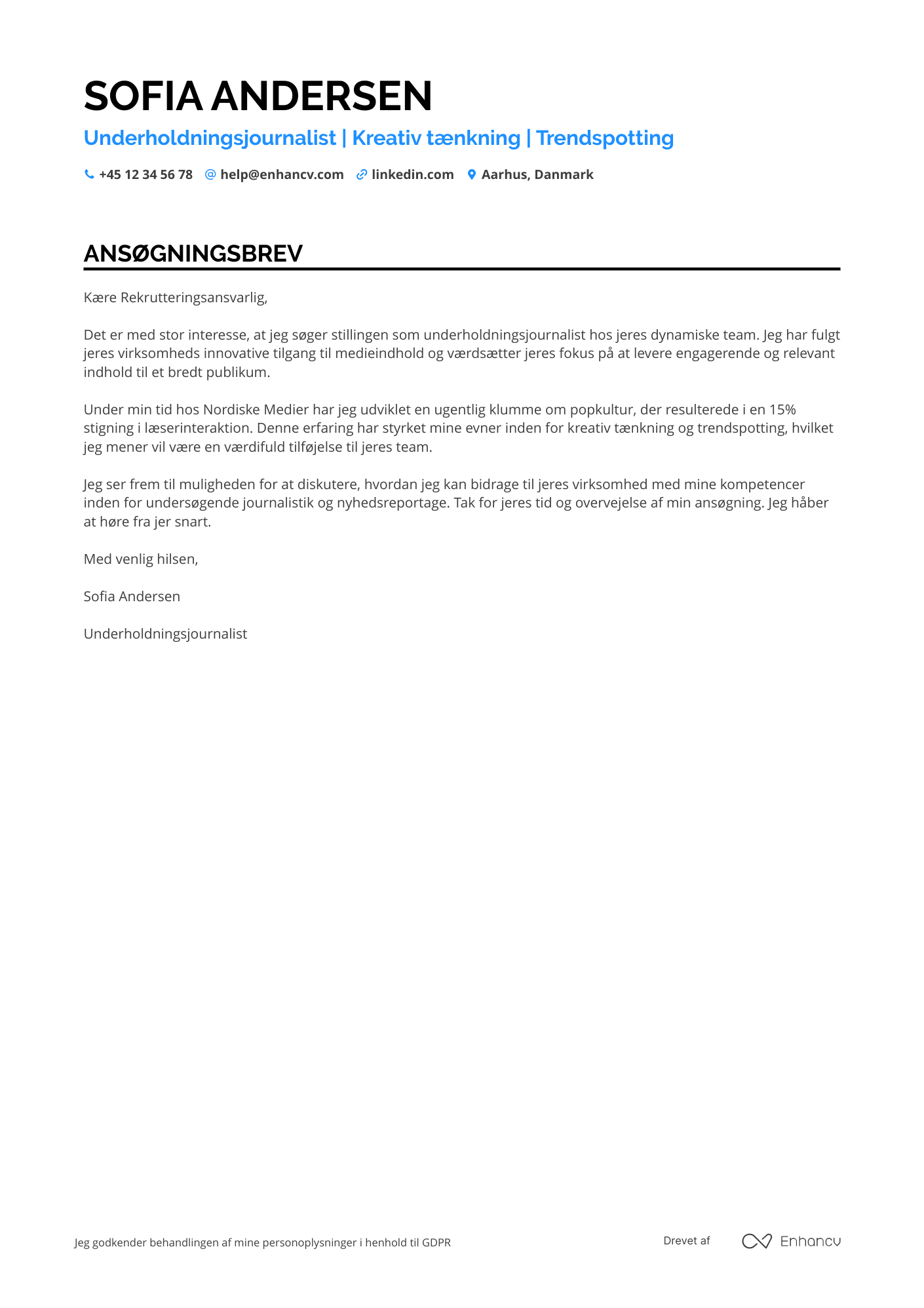 Ansøgningsbrev til Underholdningsjournalist Resume Example