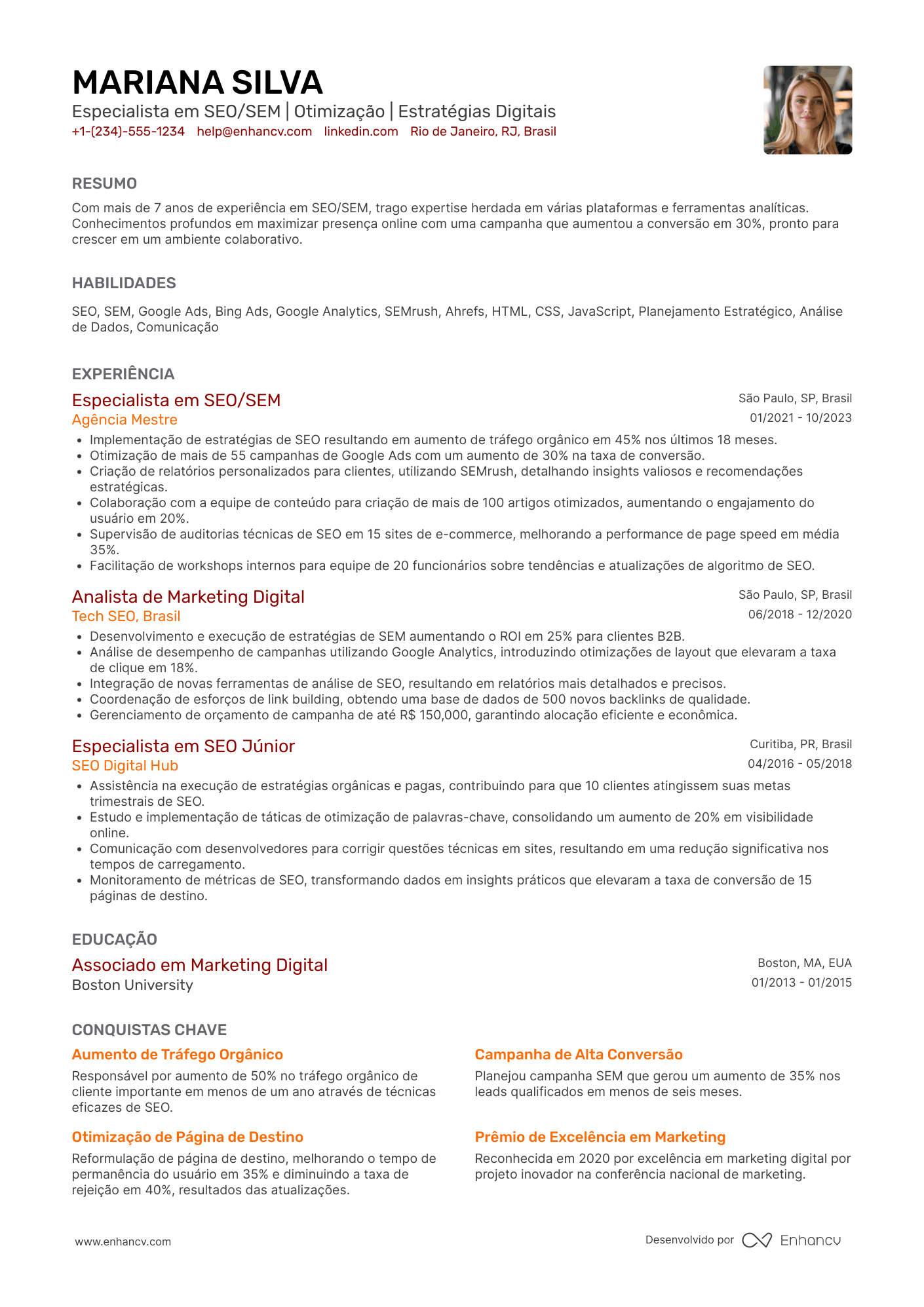 Currículo especialista em SEO/SEM Resume Example