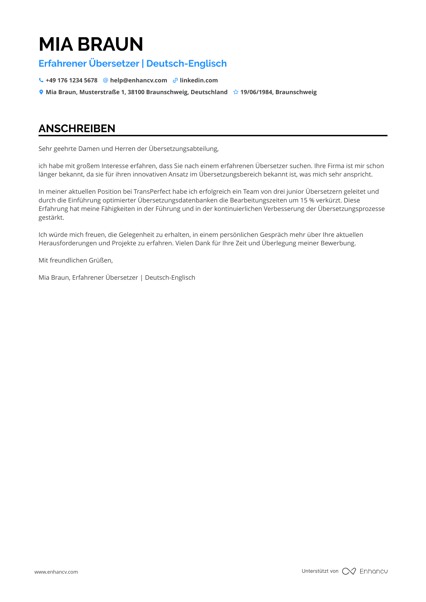 Erfahrener Übersetzer Resume Example