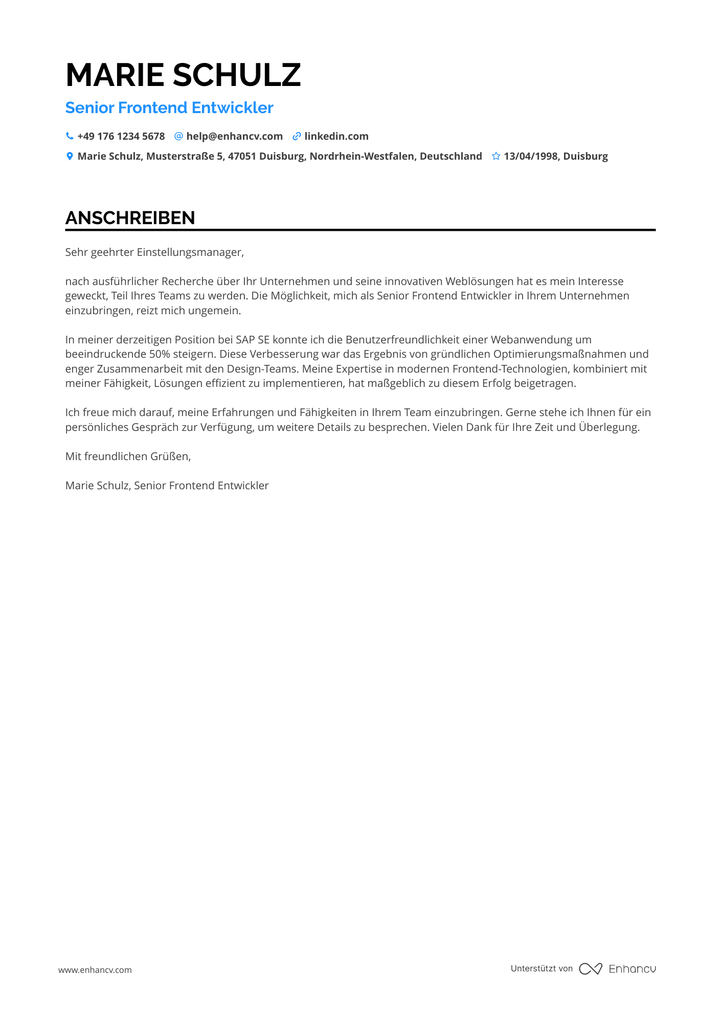 Erfahrener Frontend Entwickler Resume Example