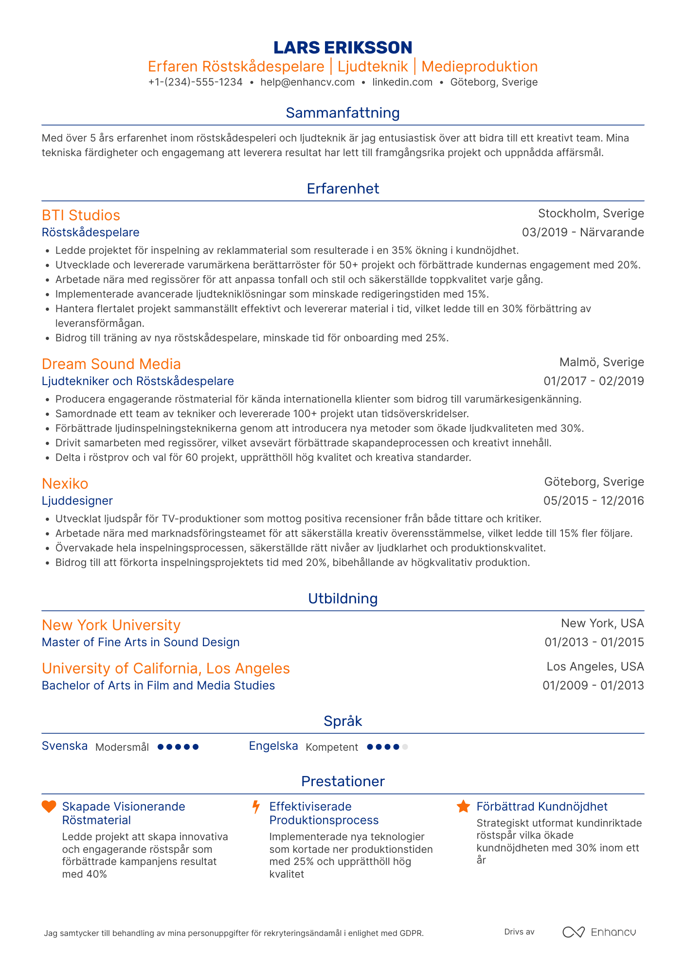 CV för Reklam Röstskådespelare Resume Example