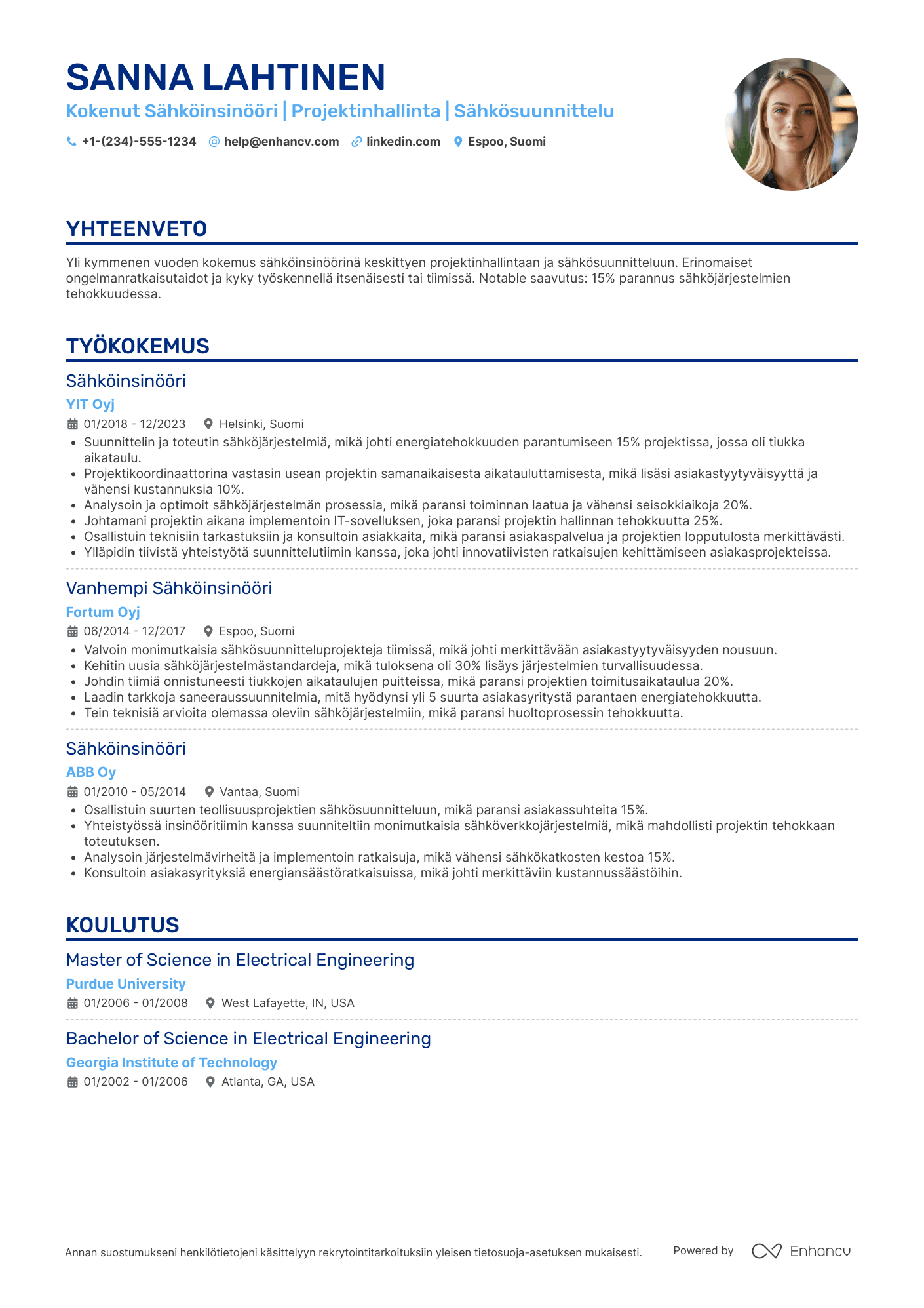 Ansioluettelo Kokenut Sähköinsinööri Resume Example