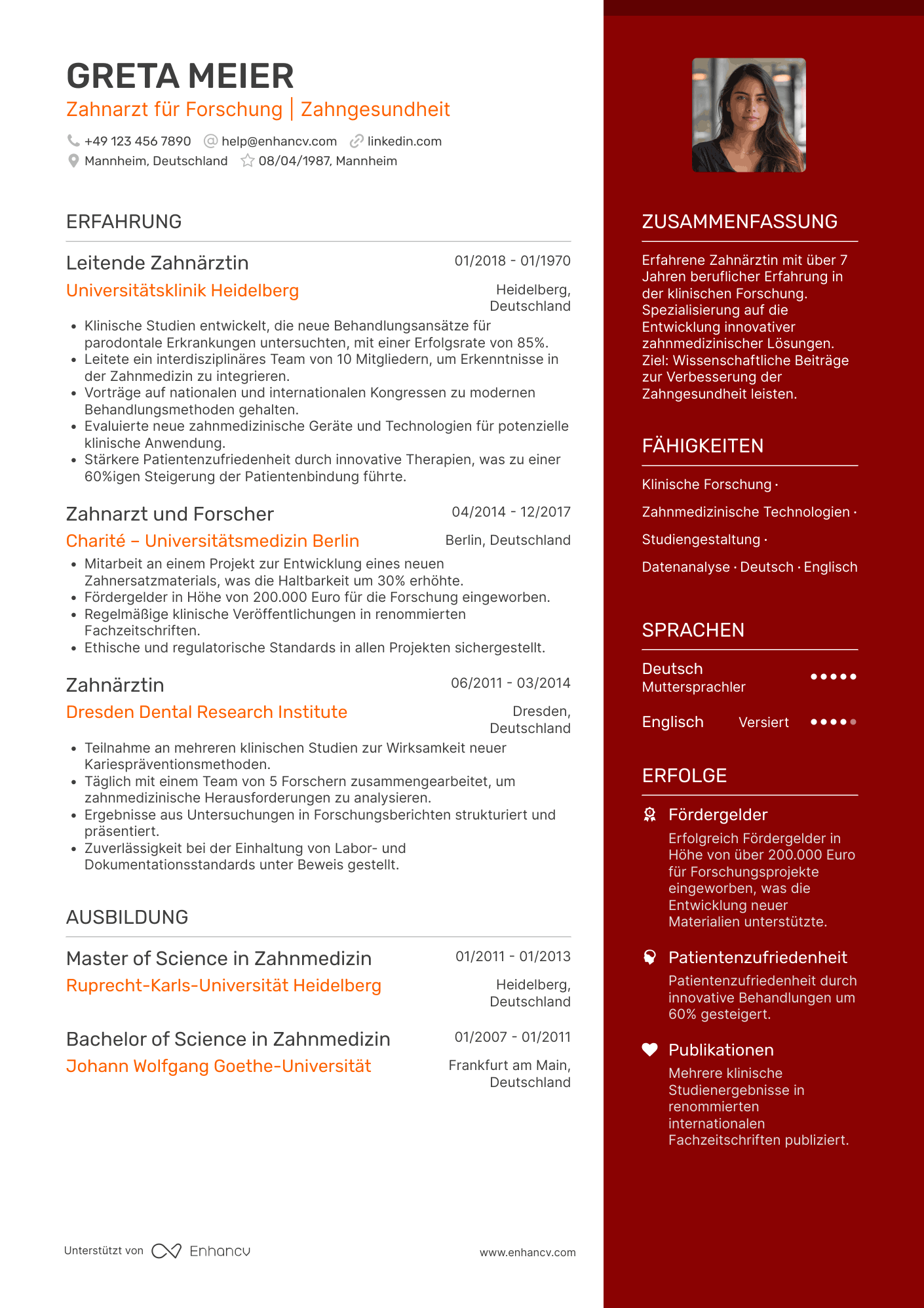 Lebenslauf in Zahnarzt für Zahnmedizin in der Forschungsbranche Resume Example