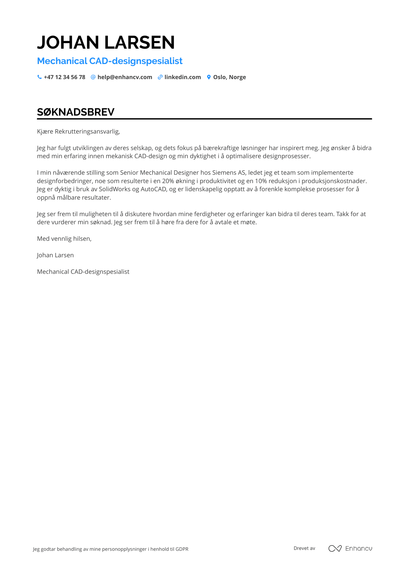 Søknadsbrev for Mechanical CAD designspesialist Resume Example