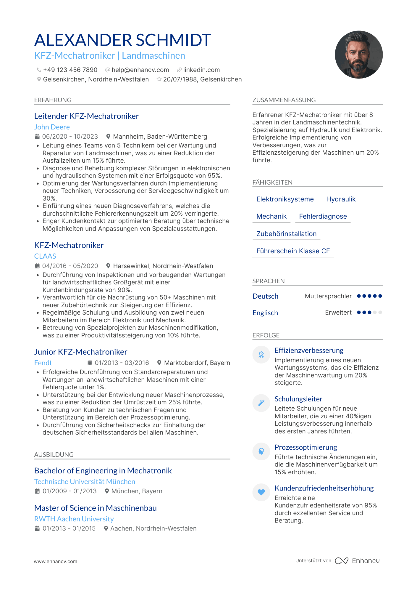 Lebenslauf als KFZ Mechatroniker für Landmaschinen Resume Example