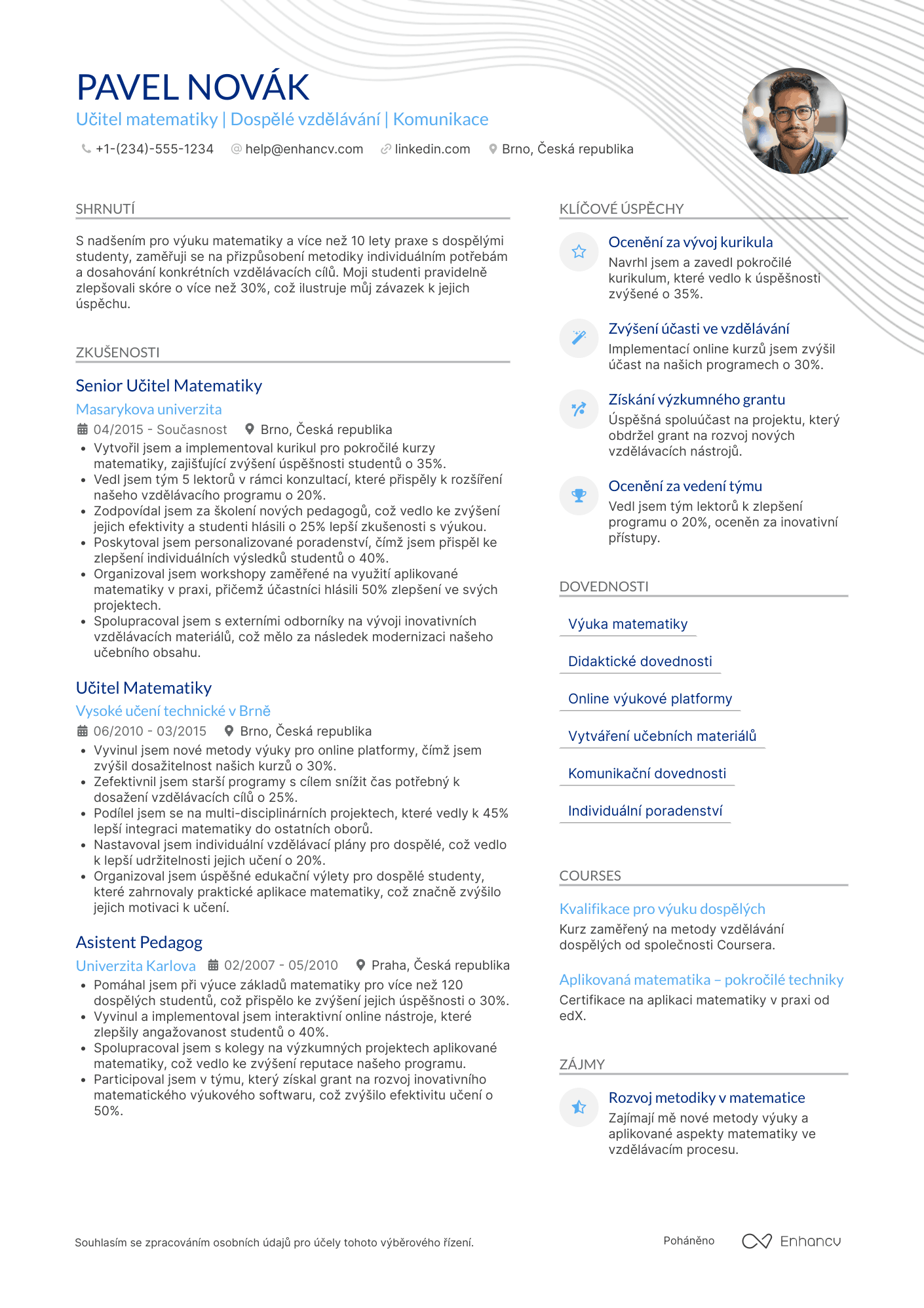 Životopis pro Učitel matematiky pro dospělé vzdělávání Resume Example