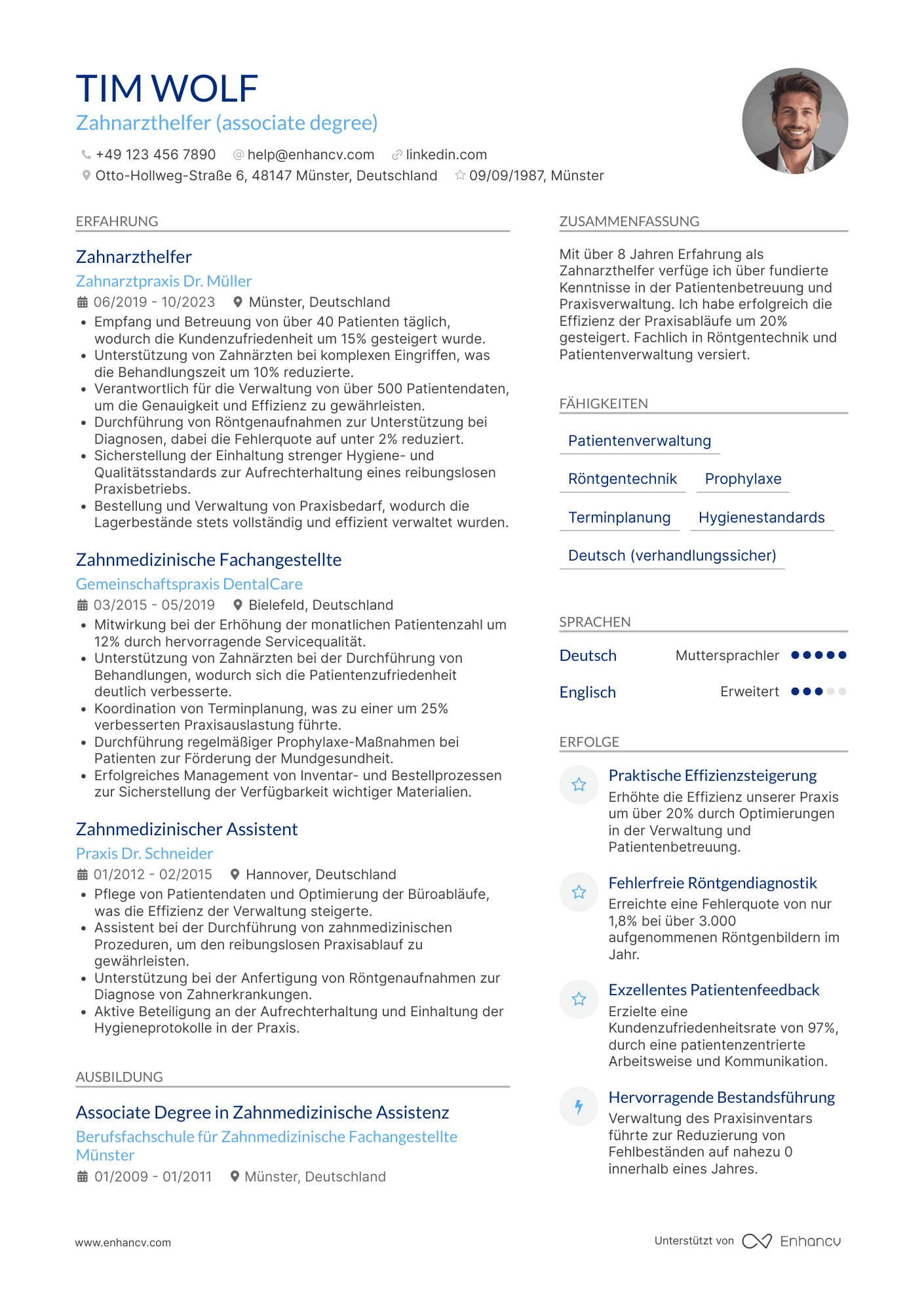 Lebenslauf in Zahnarzthelferin in der Gesundheitsbranche Resume Example