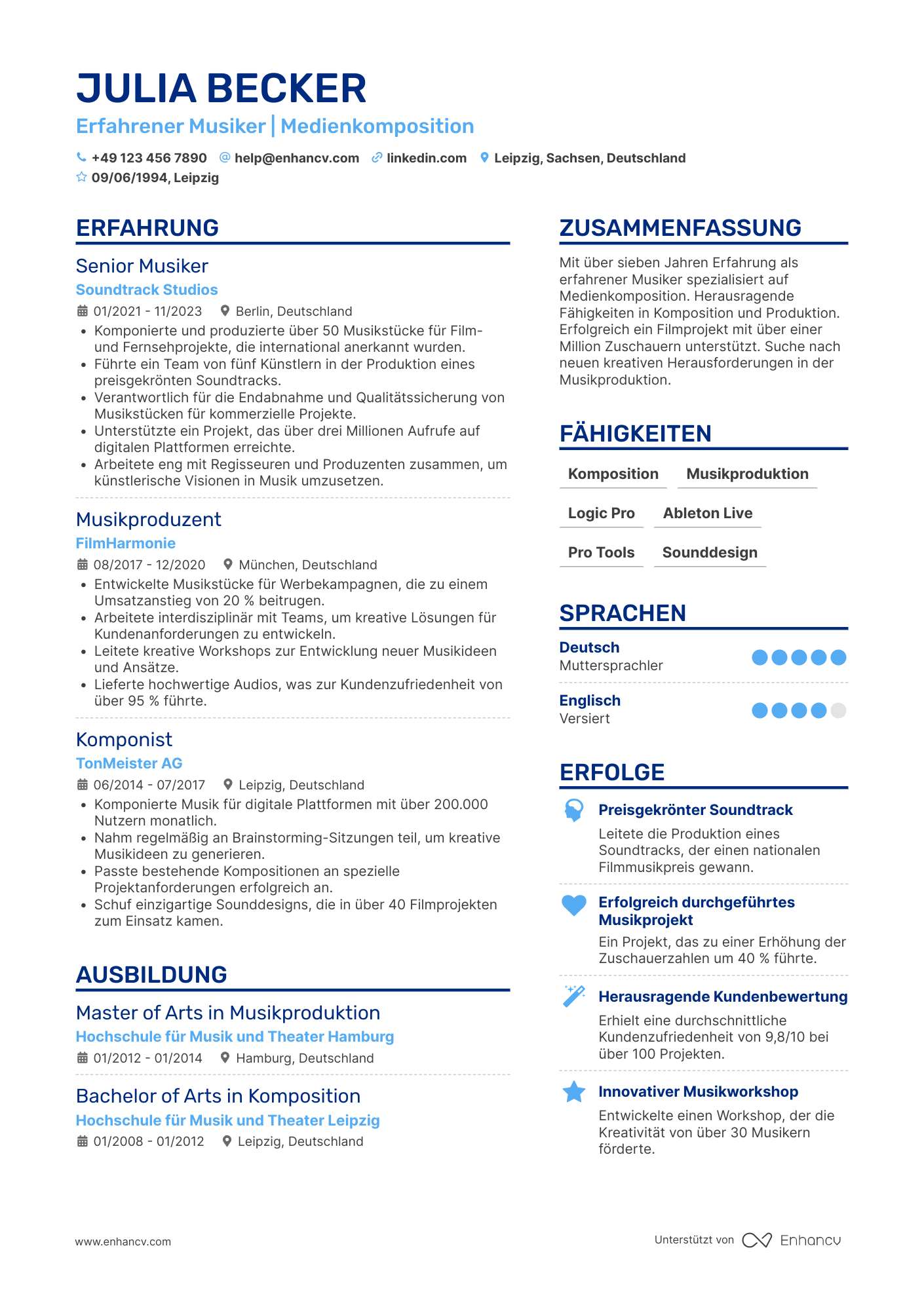Lebenslauf in Musiker für Musikproduktionsunternehmen Resume Example