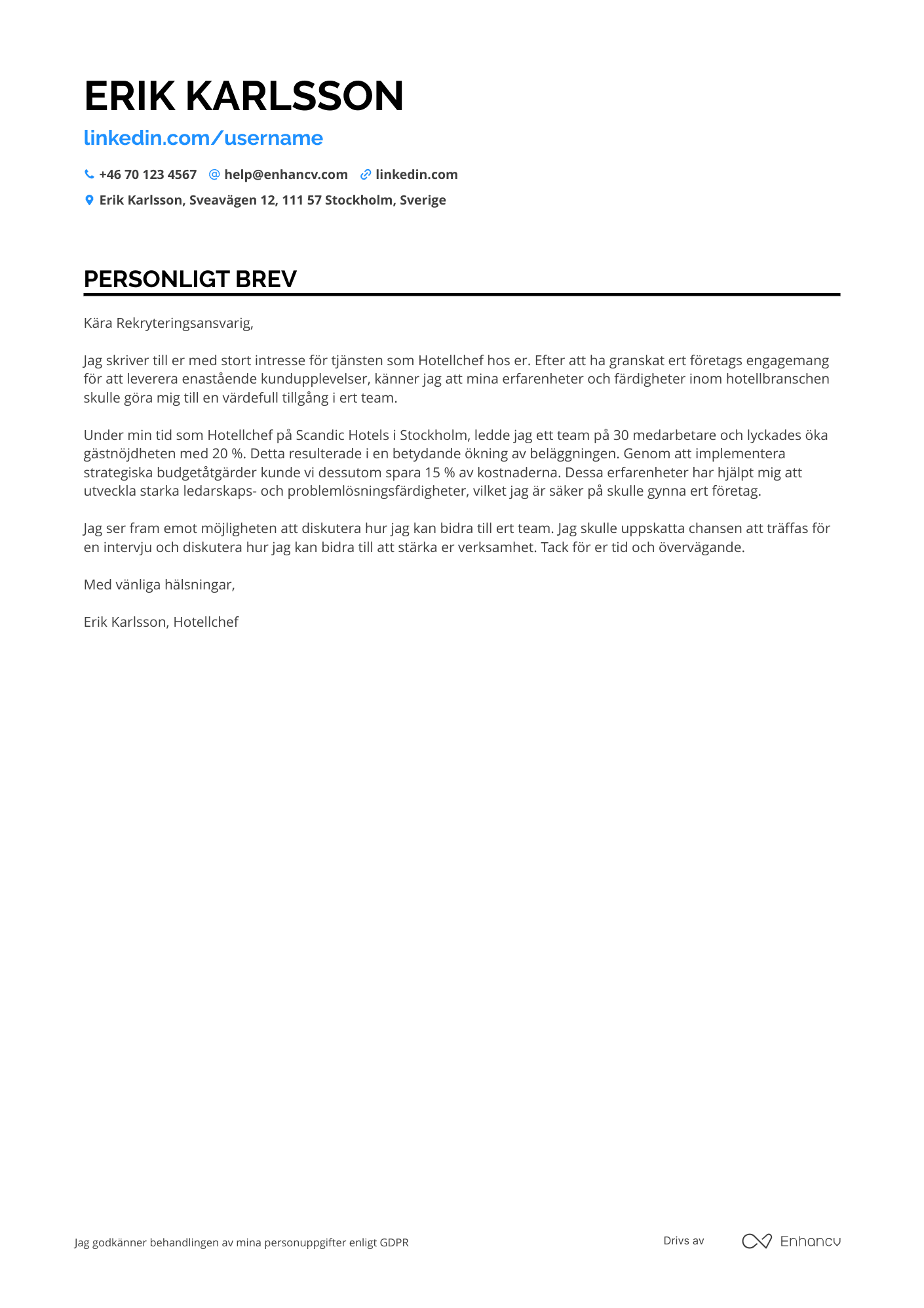 Personligt brev för Hotellchef expert Resume Example